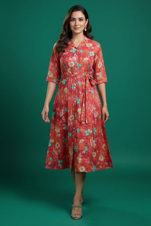 Peach Floral Printed Rayon Denting Slub A-Line Dress