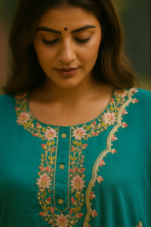 Dark Sea Green Crepe Salwar Suit with Ornate Yoke Embroidery for a Refined Look