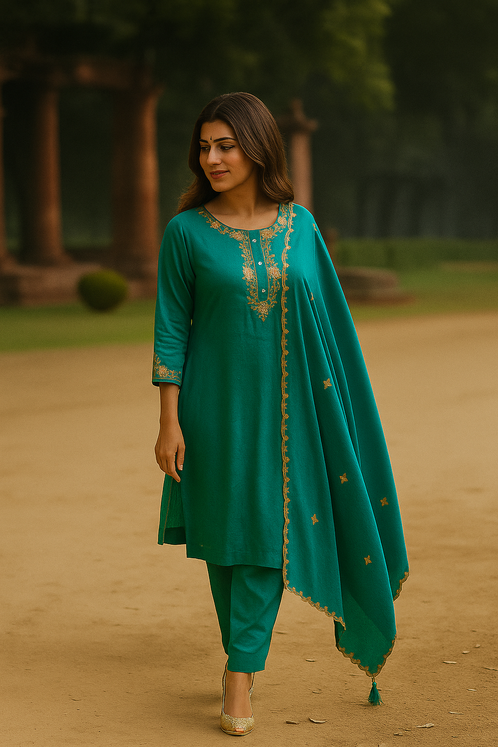 Dark Sea Green Crepe Salwar Suit with Ornate Yoke Embroidery for a Refined Look