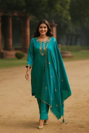 Dark Sea Green Crepe Salwar Suit with Ornate Yoke Embroidery for a Refined Look