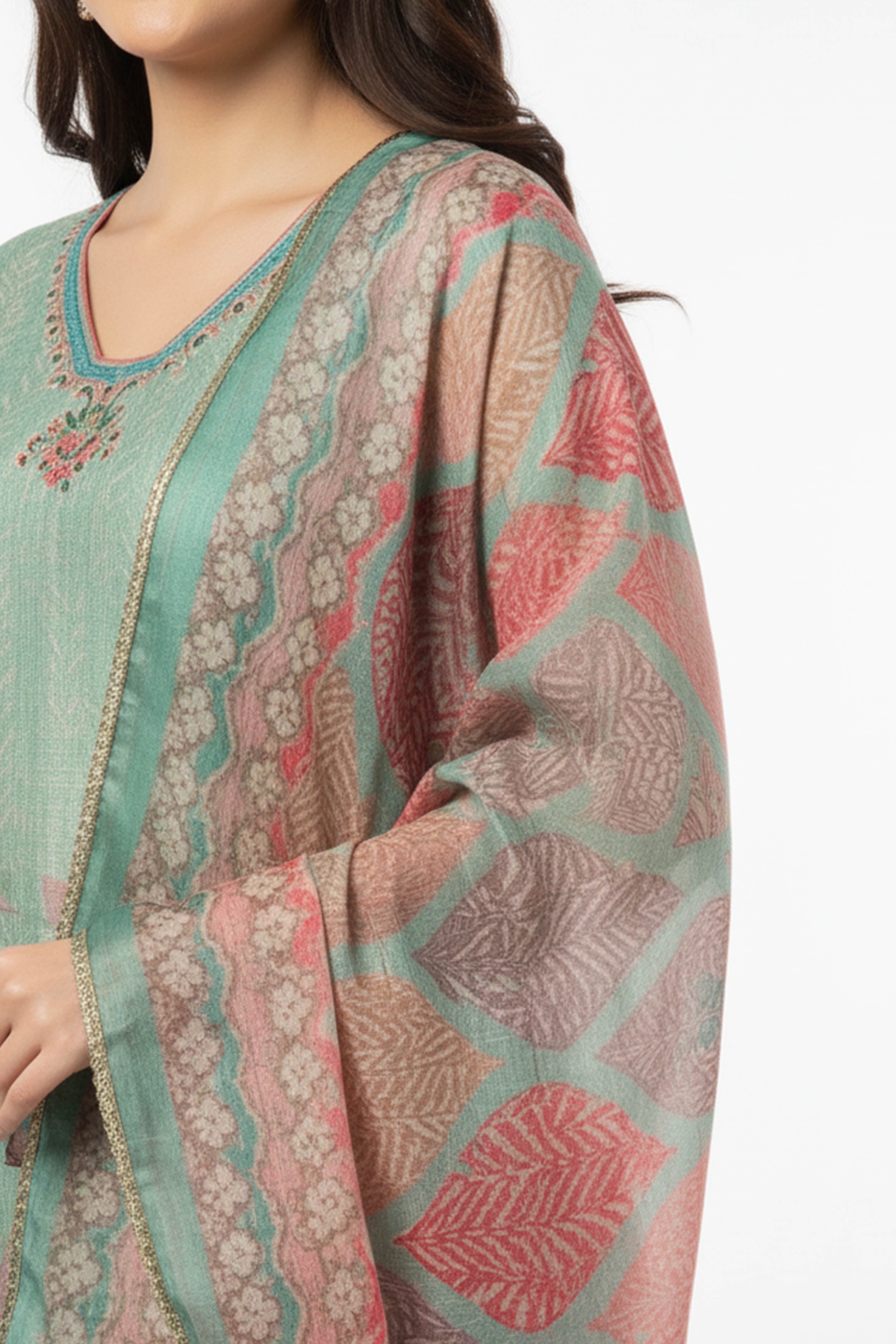 Sea Green Floral Digital Print Straight-Cut Salwar Suit With Intricate Hand Work On Shimmer Chanderi Silk