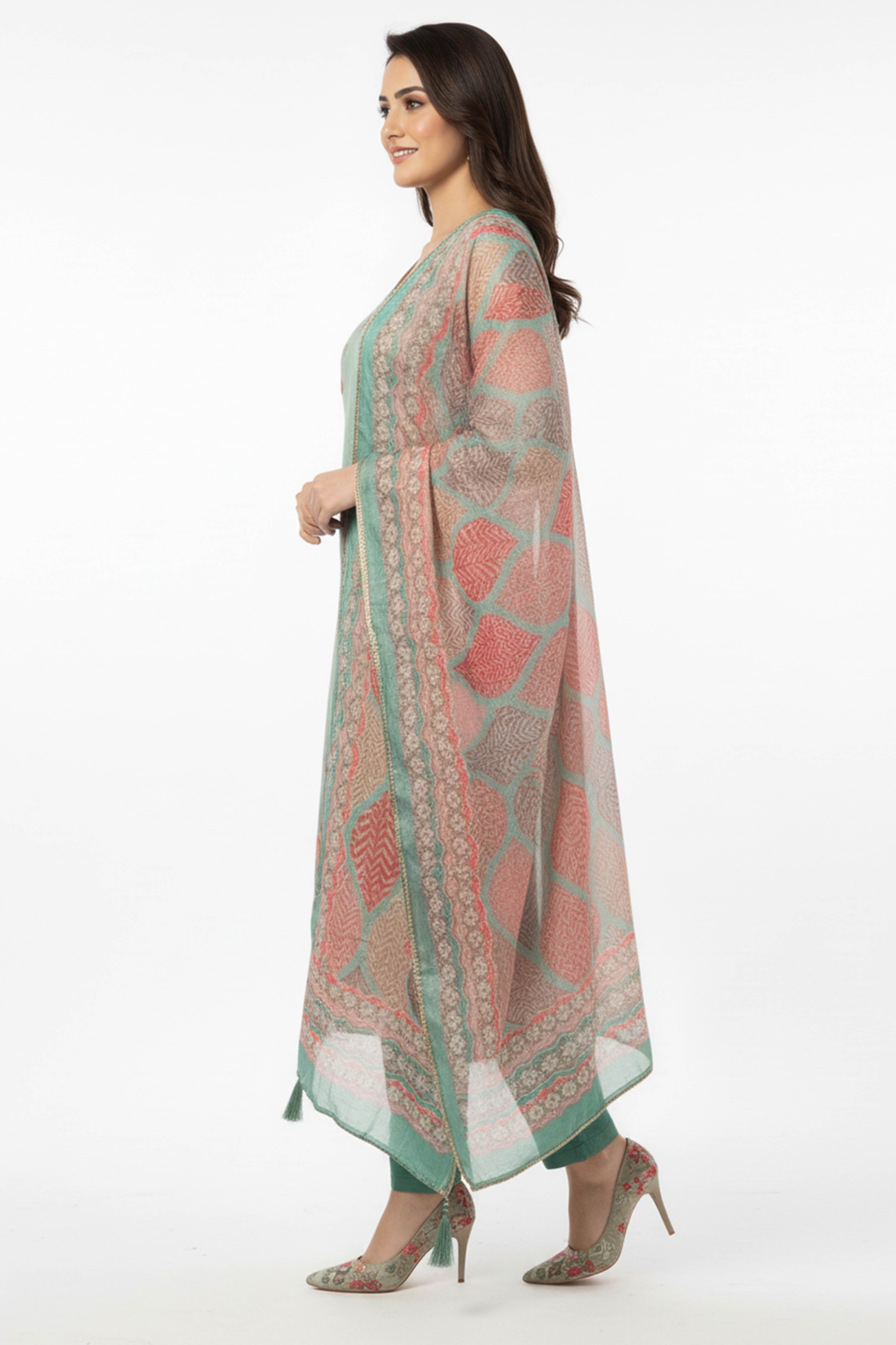 Sea Green Floral Digital Print Straight-Cut Salwar Suit With Intricate Hand Work On Shimmer Chanderi Silk