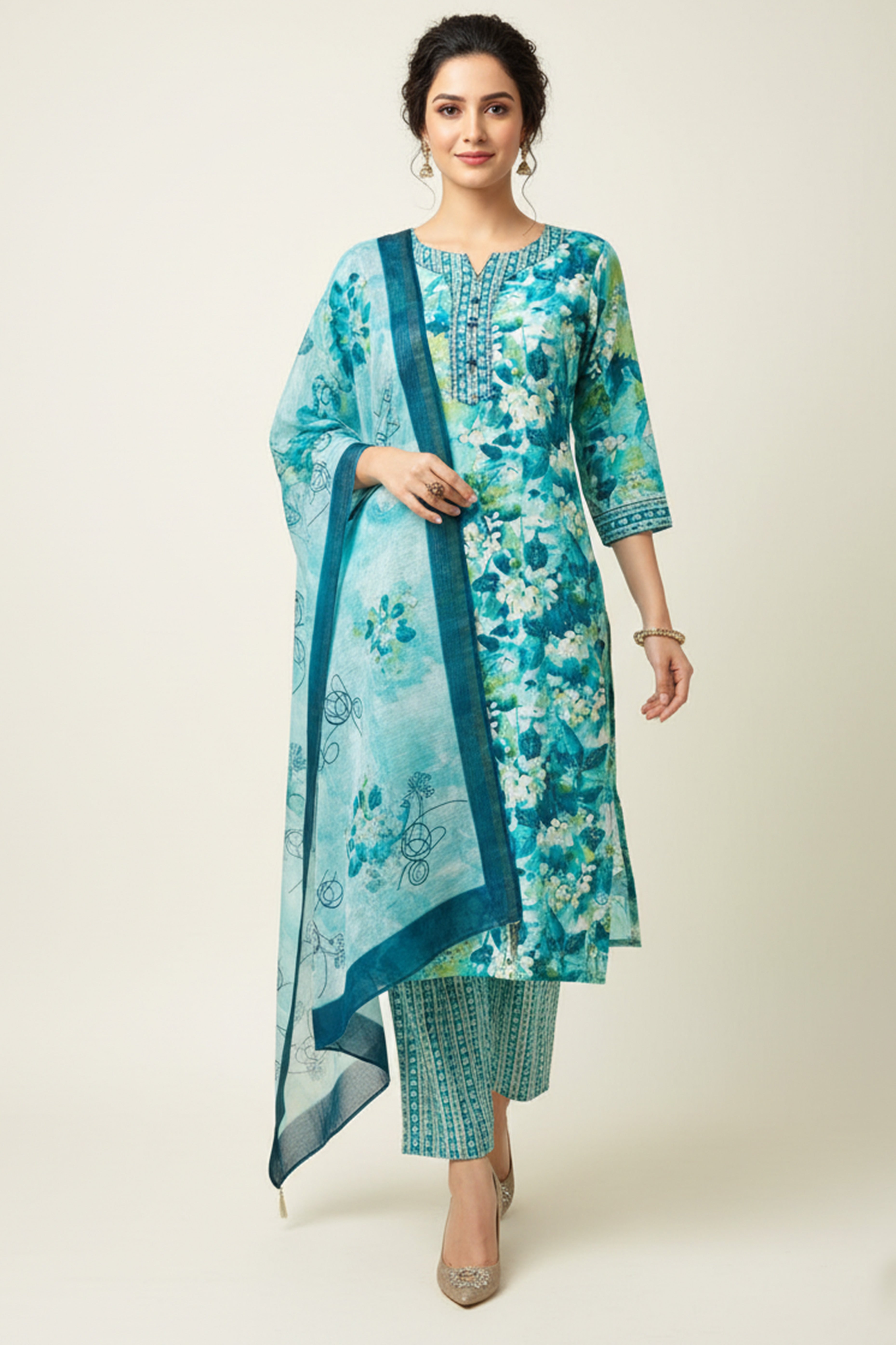 Turquoise Floral Printed Rayon Capsule Straight Salwar Suit