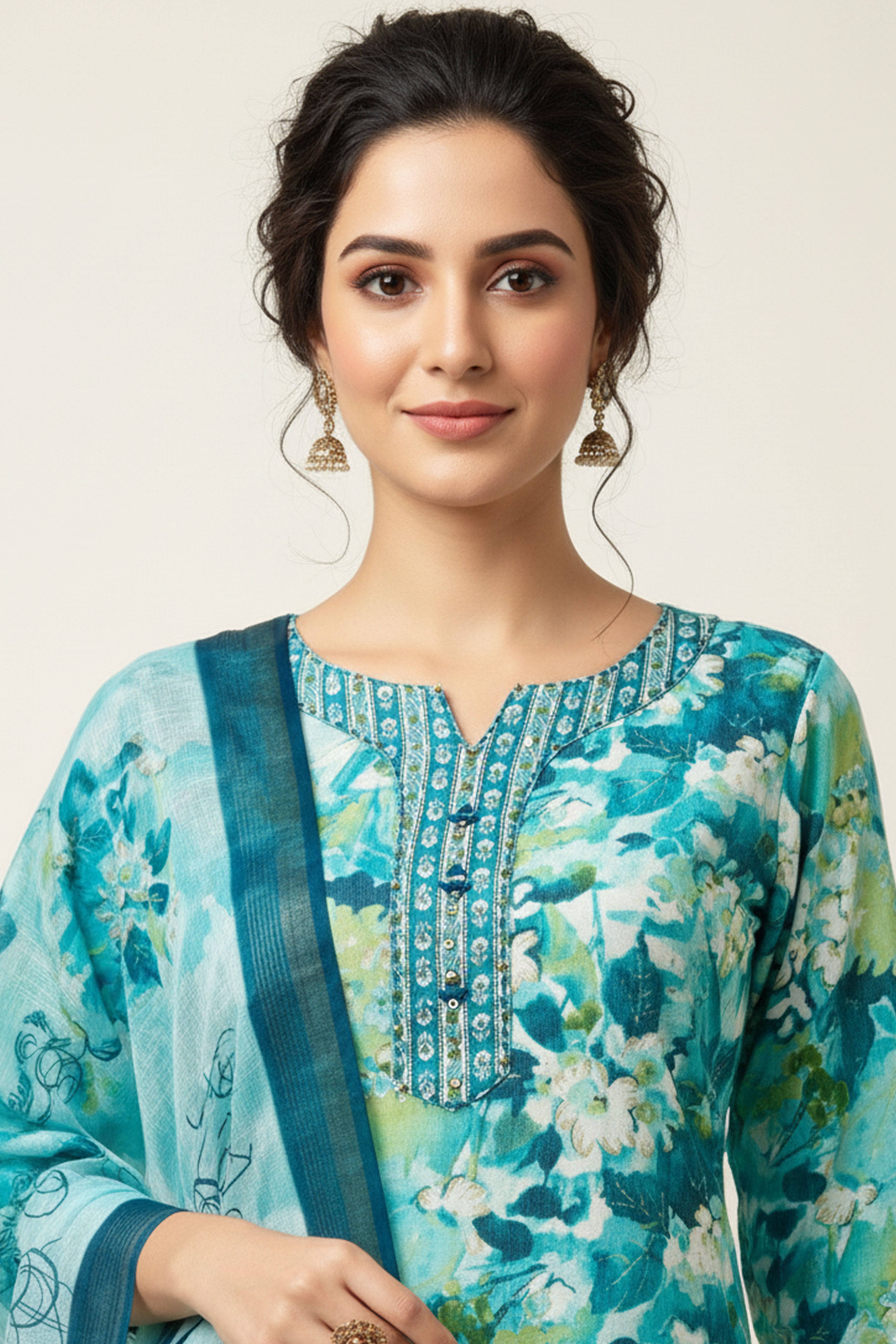 Turquoise Floral Printed Rayon Capsule Straight Salwar Suit