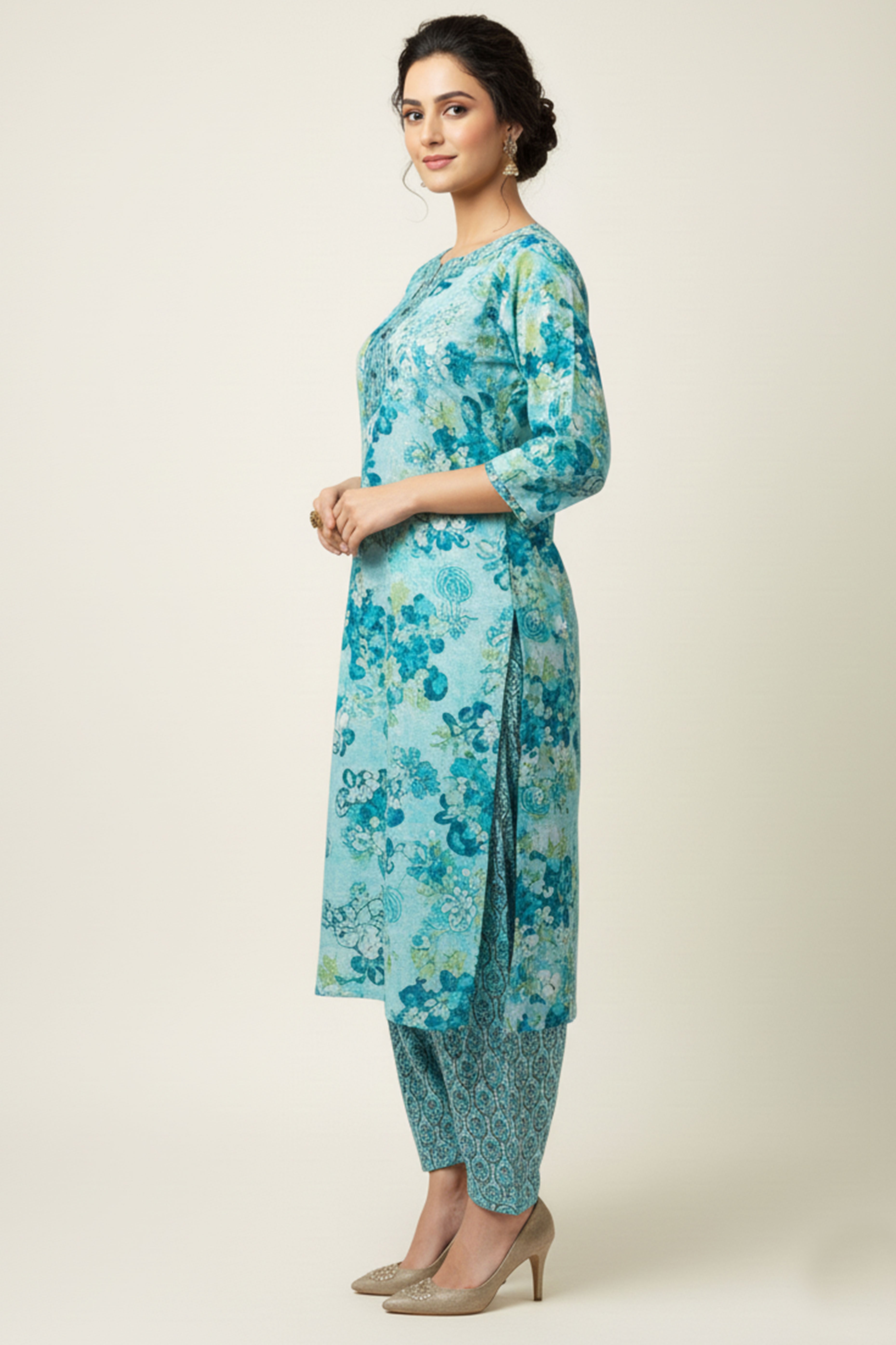 Turquoise Floral Printed Rayon Capsule Straight Salwar Suit