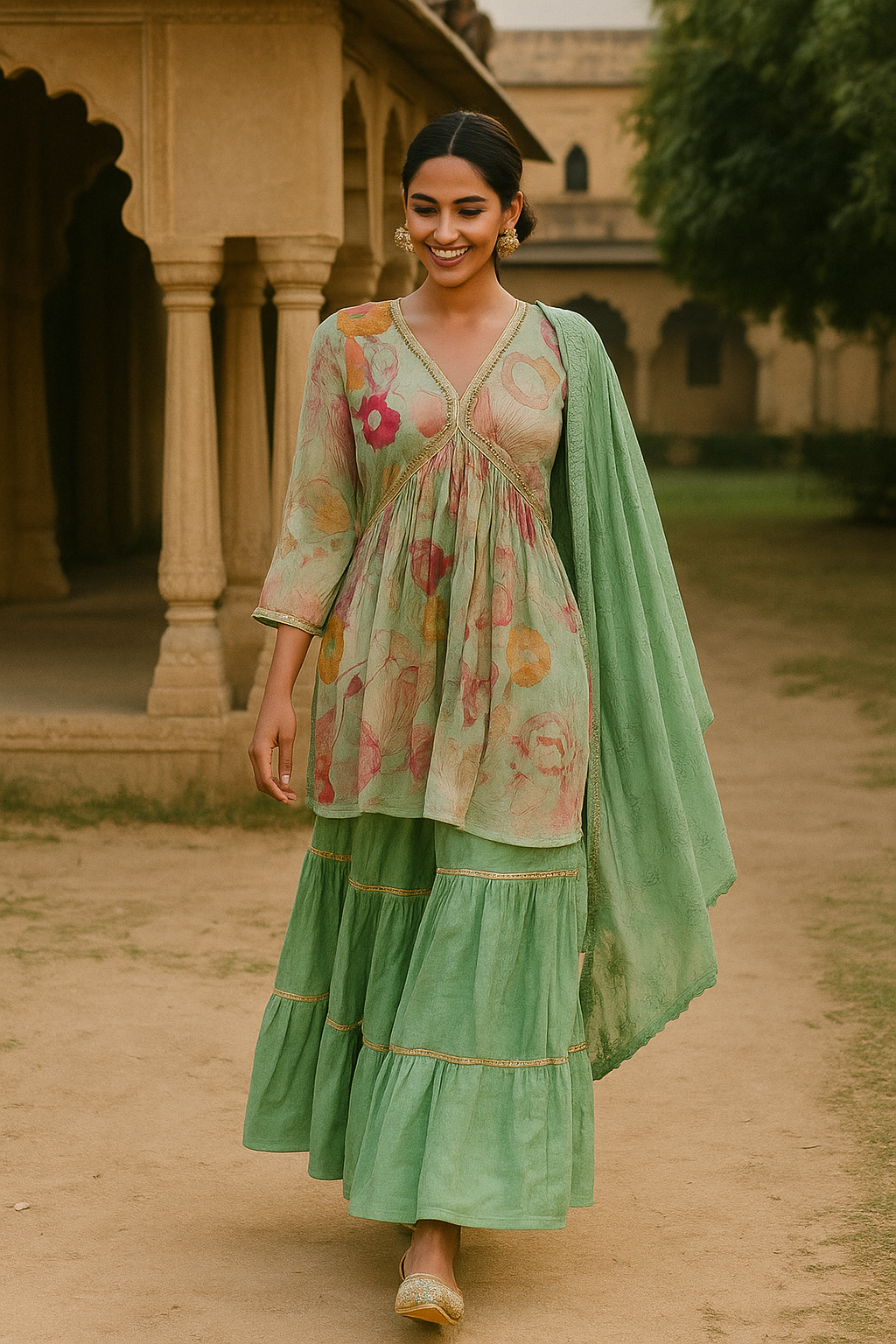 Festive-Ready Light Green Sharara Suit with All-Over Floral Print