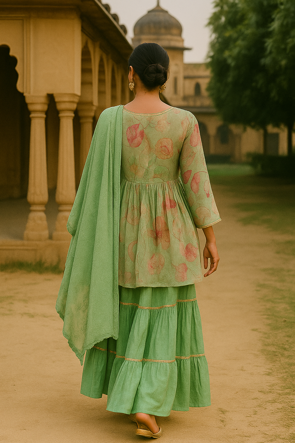 Festive-Ready Light Green Sharara Suit with All-Over Floral Print