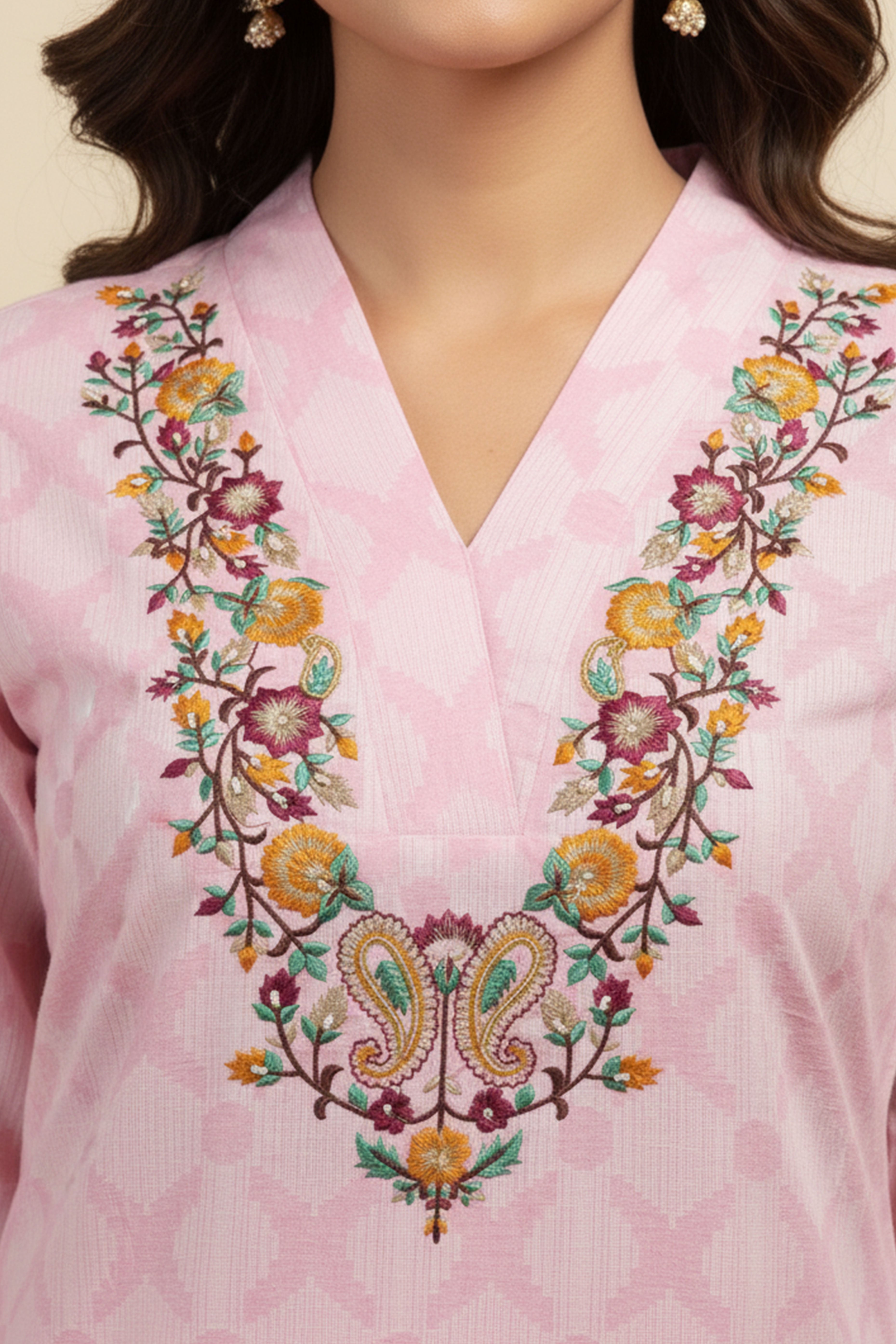 Pink Pure Cotton Two-Piece Set with Embroidered Yoke and Contemporary Print