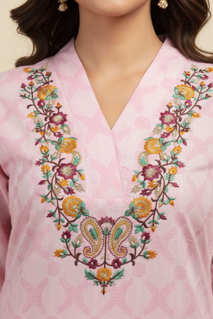 Pink Pure Cotton Two-Piece Set with Embroidered Yoke and Contemporary Print
