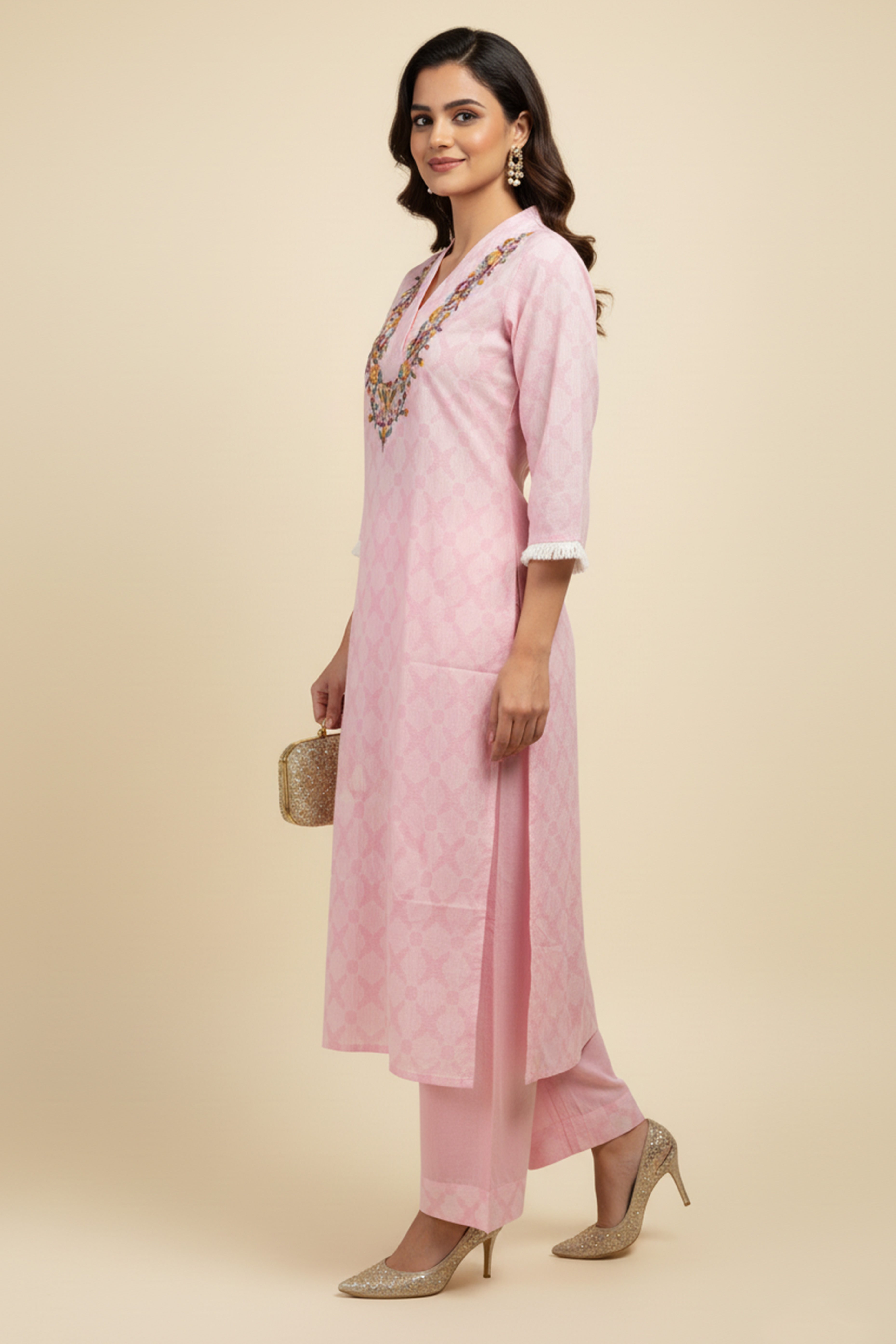 Pink Pure Cotton Two-Piece Set with Embroidered Yoke and Contemporary Print