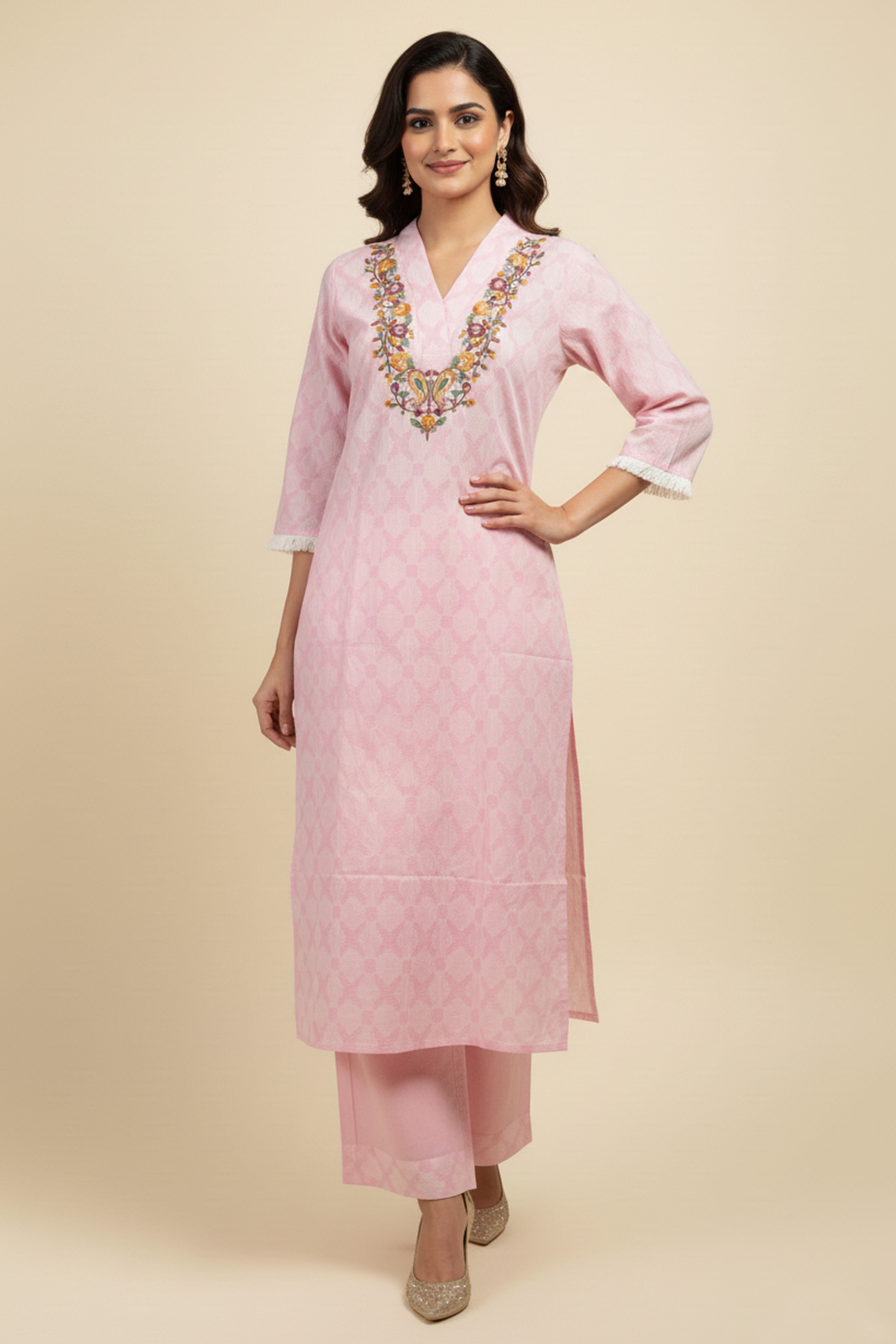 Pink Pure Cotton Two-Piece Set with Embroidered Yoke and Contemporary Print