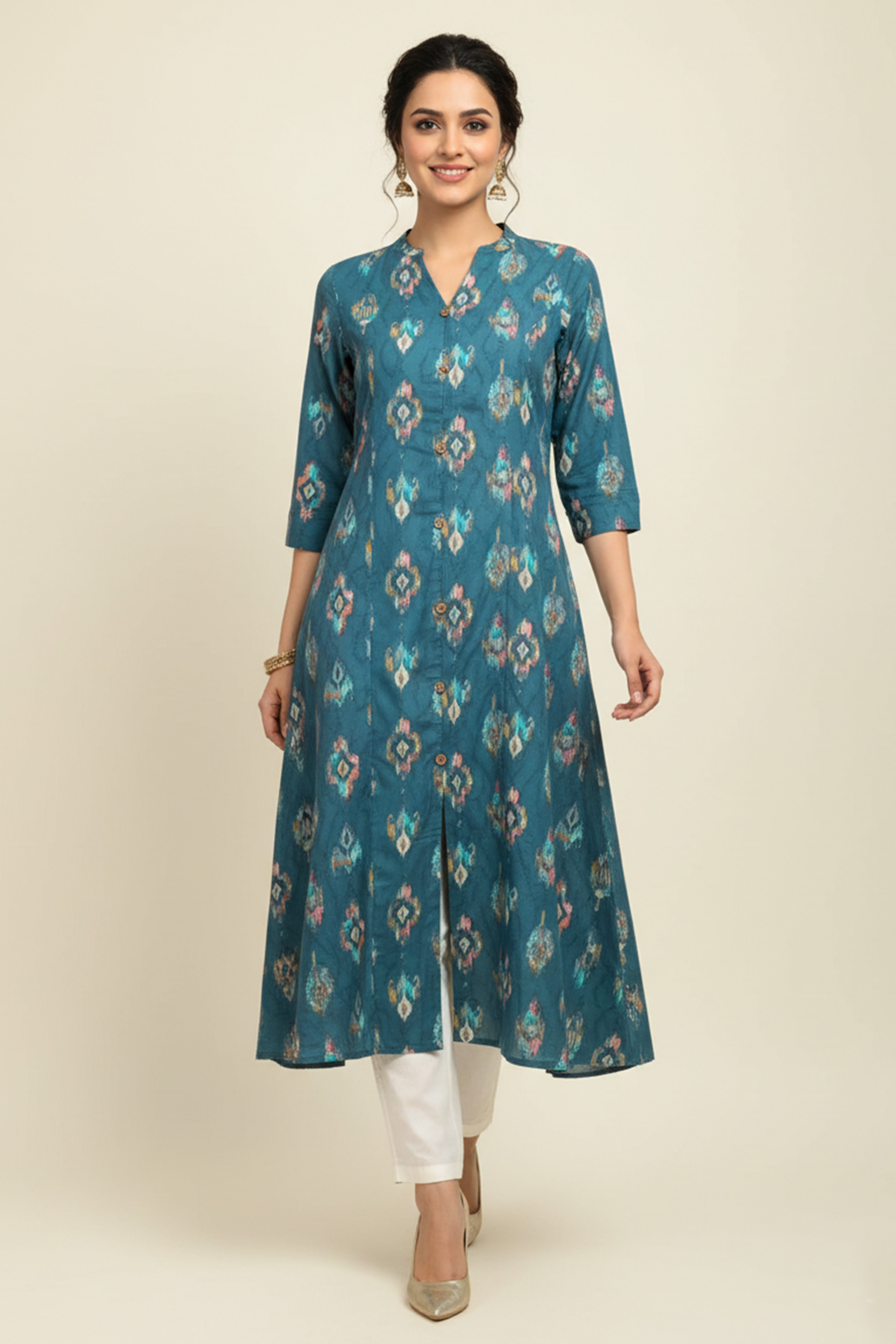 Dark Turquoise Ikkat Printed Pure Cotton A-Line Kurti