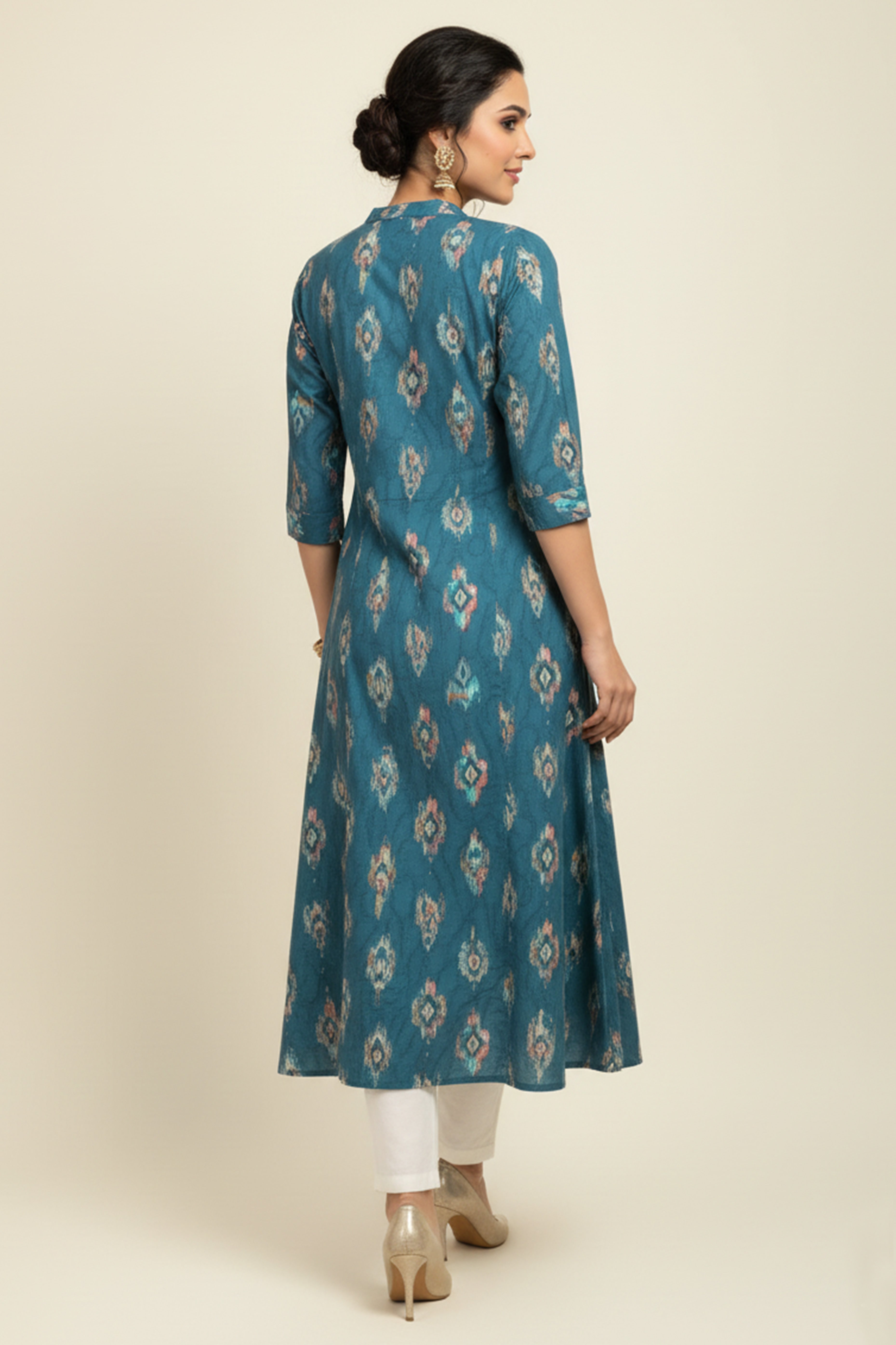 Dark Turquoise Ikkat Printed Pure Cotton A-Line Kurti