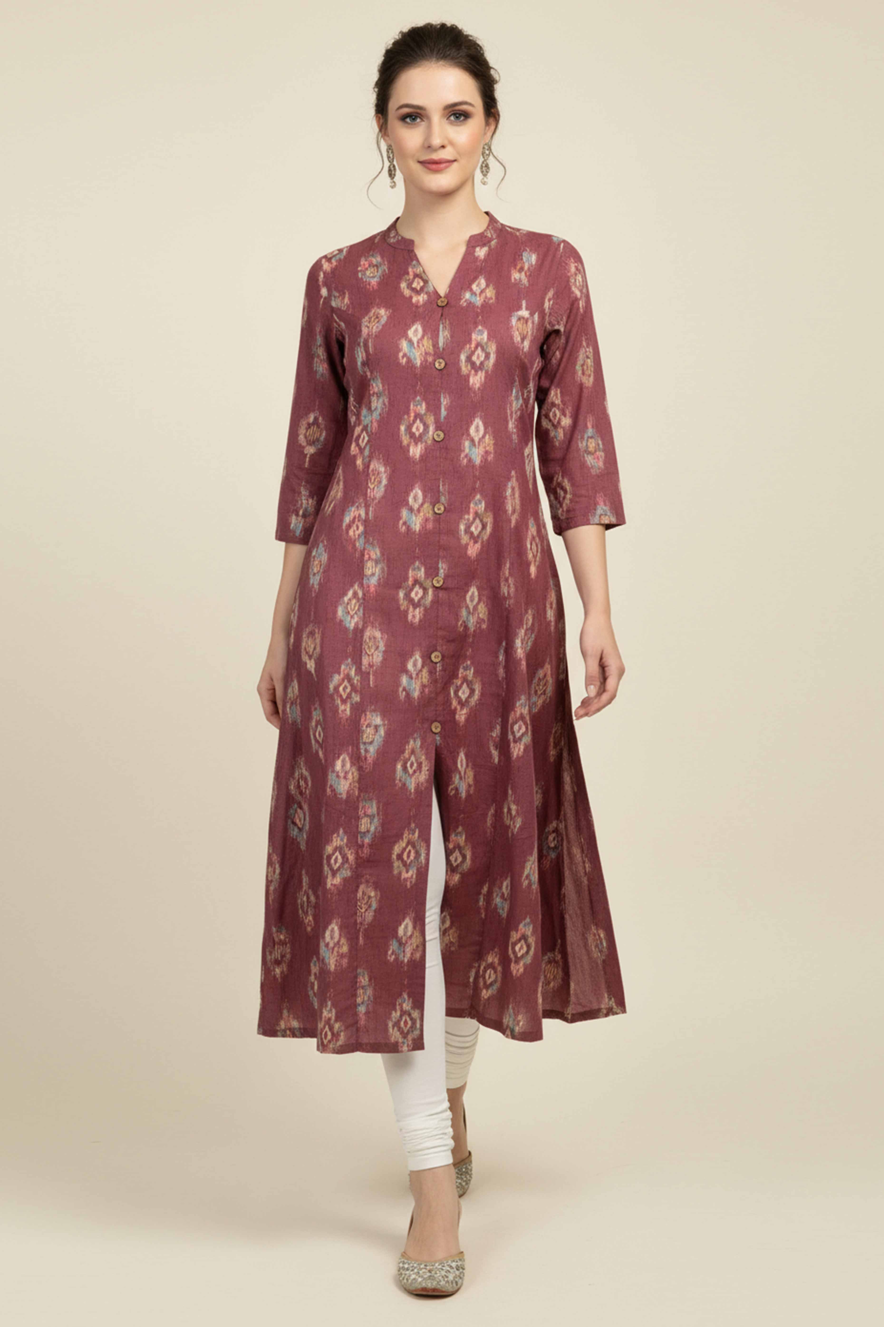 Purple Ikkat Printed Pure Cotton A-Line Kurti