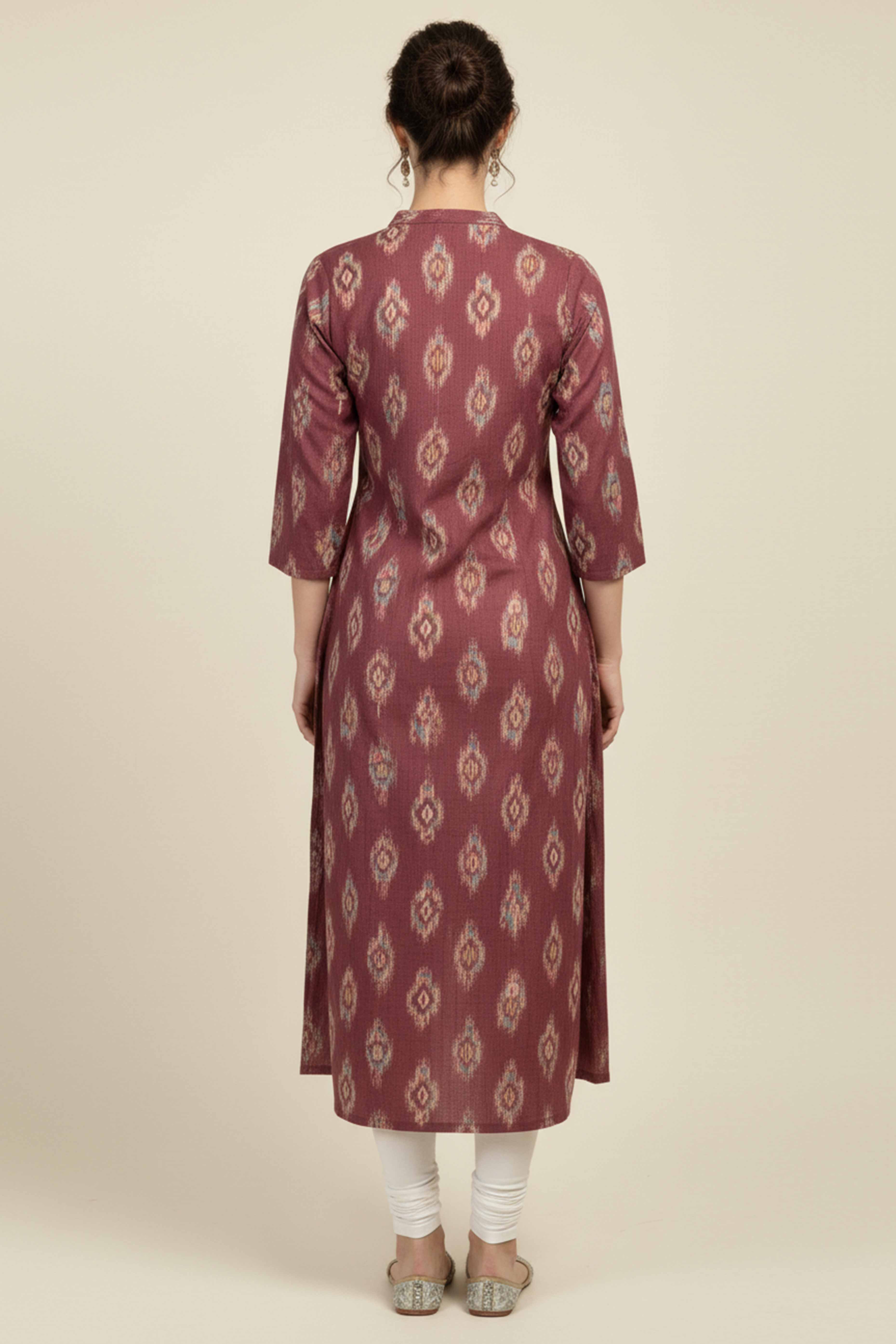 Purple Ikkat Printed Pure Cotton A-Line Kurti