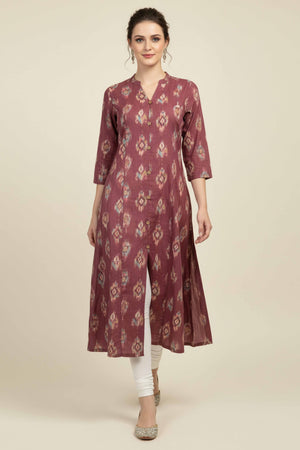 Purple Ikkat Printed Pure Cotton A-Line Kurti