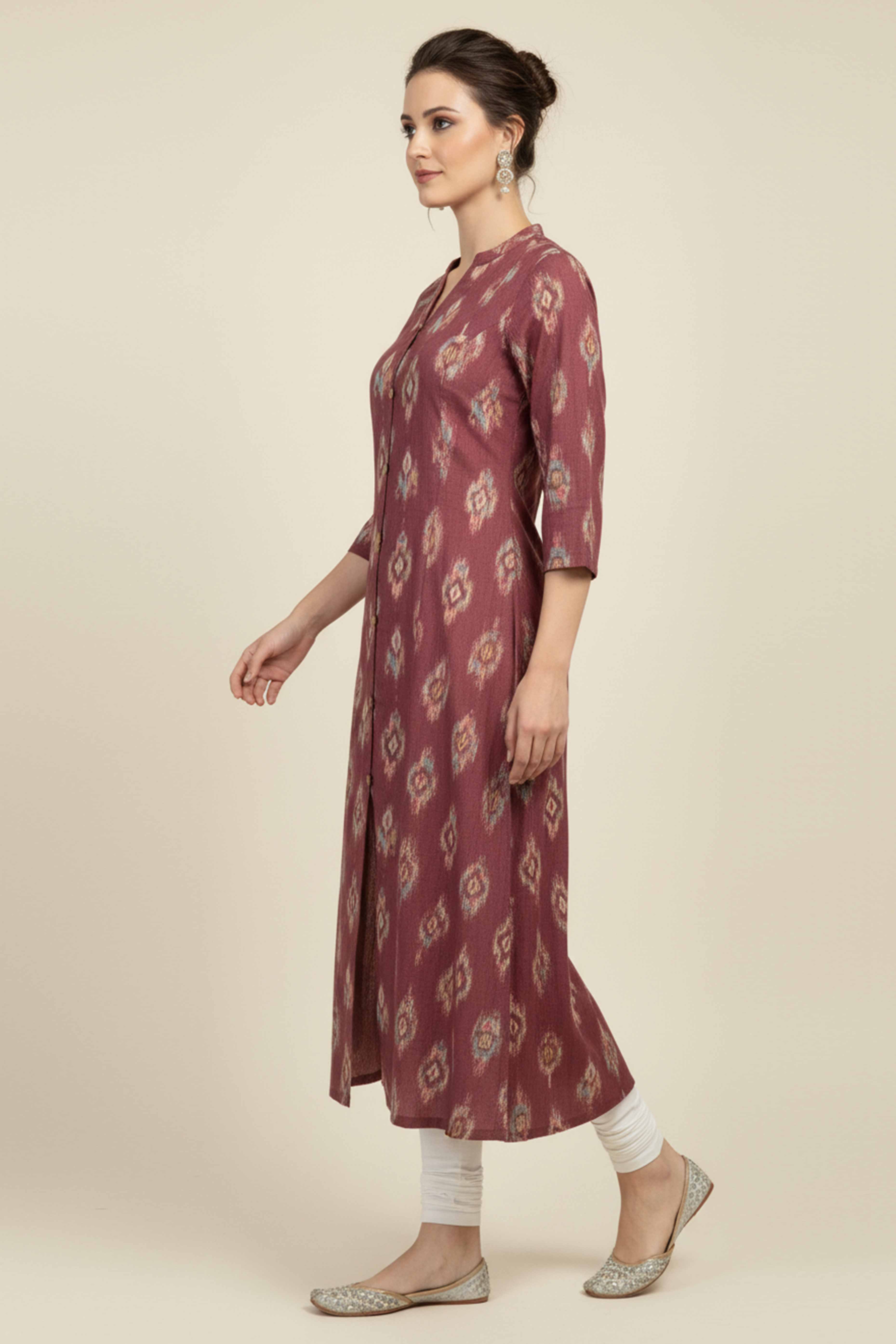 Purple Ikkat Printed Pure Cotton A-Line Kurti