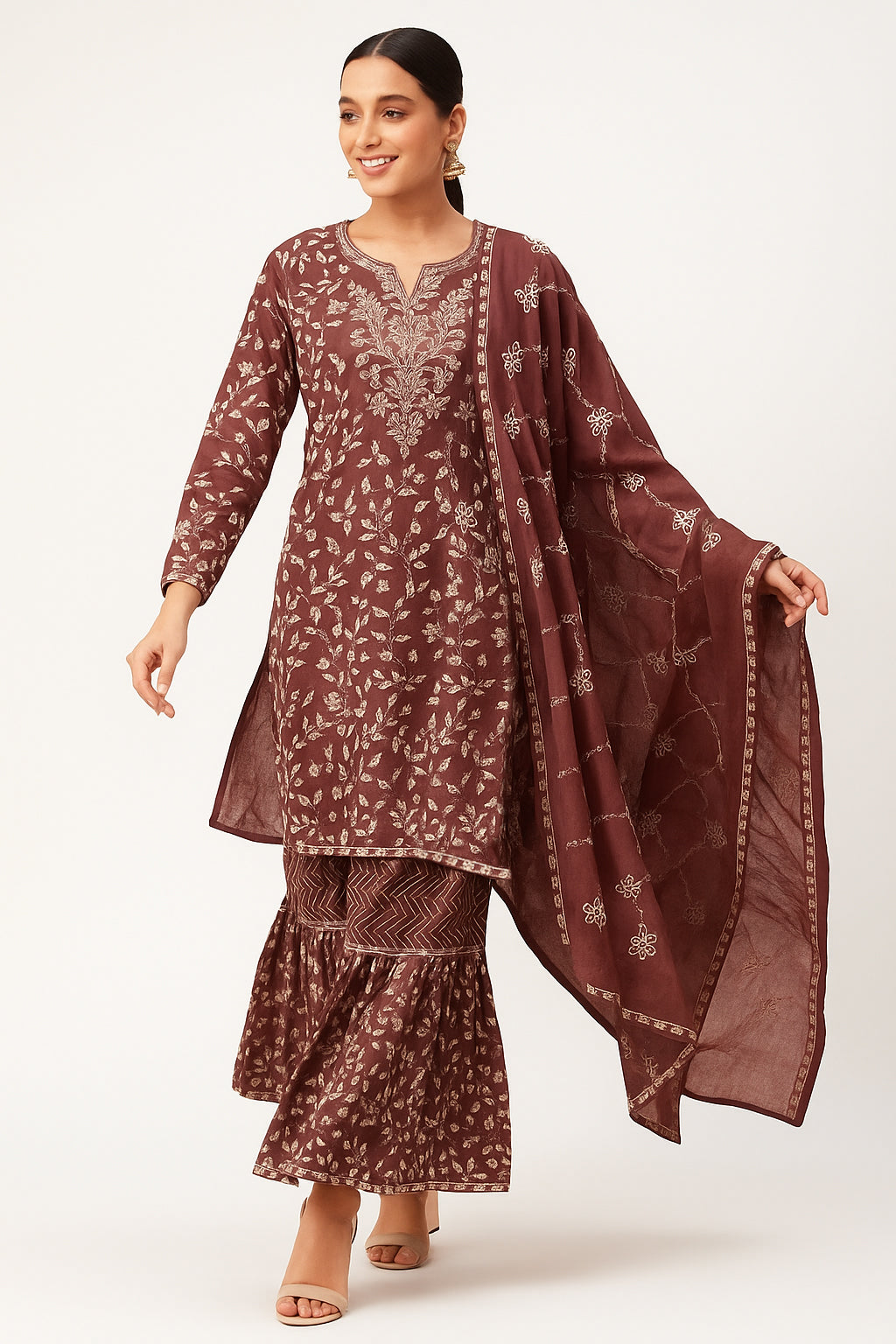Designer Rust Pure Mulmul Cotton Sharara Suit with Floral Motifs