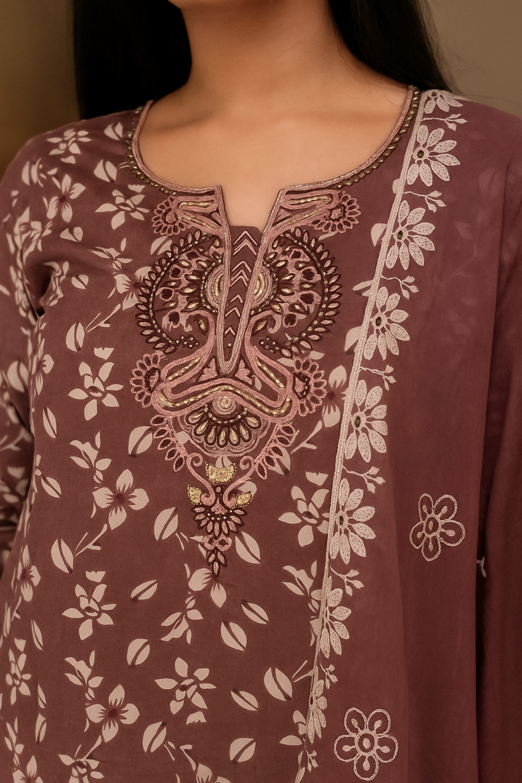 Designer Rust Pure Mulmul Cotton Sharara Suit with Floral Motifs