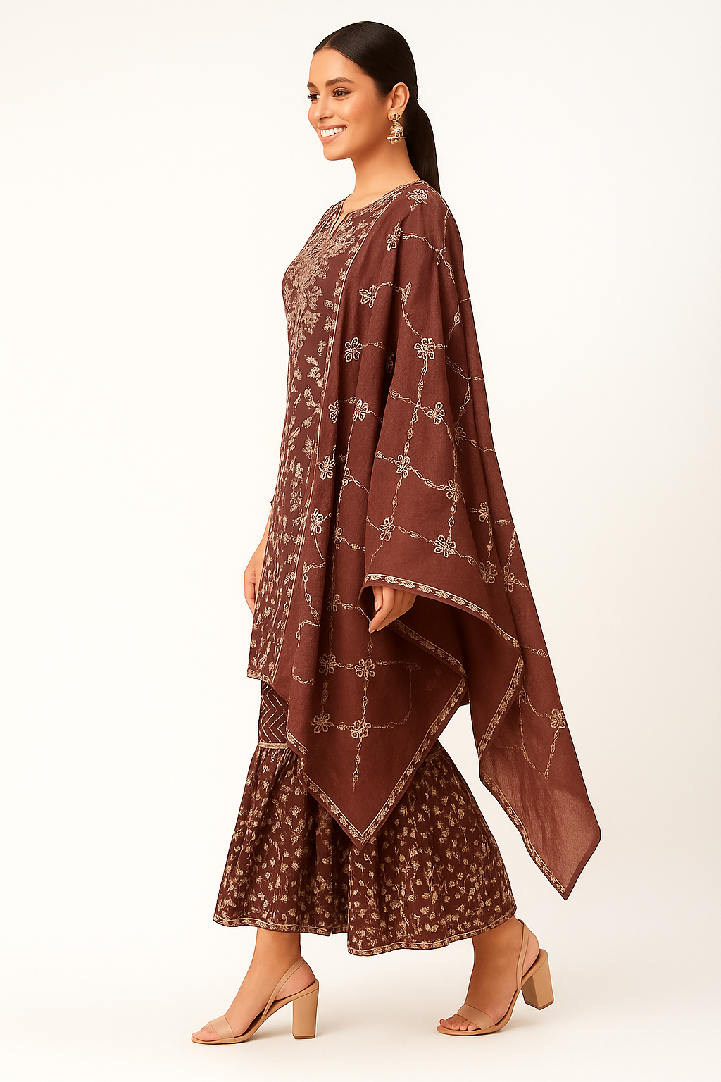 Designer Rust Pure Mulmul Cotton Sharara Suit with Floral Motifs