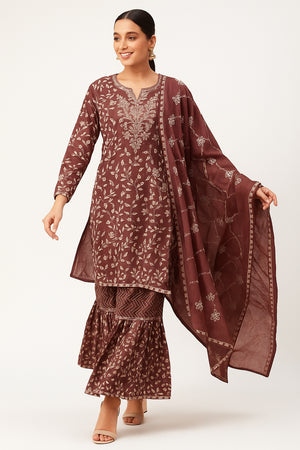 Designer Rust Pure Mulmul Cotton Sharara Suit with Floral Motifs