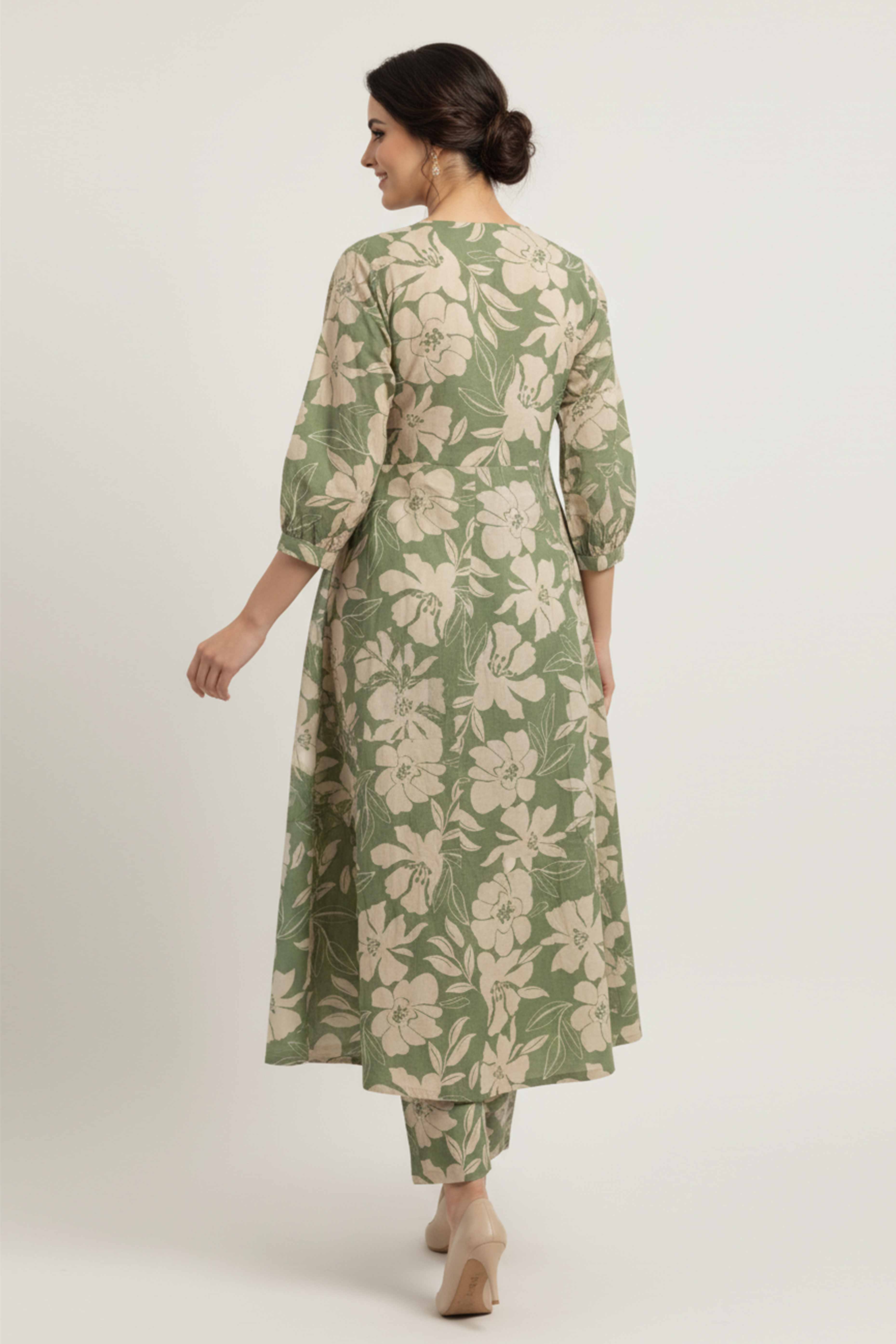 Floral Whisper Green Cotton Flex A-Line Cut Co-Ord Set