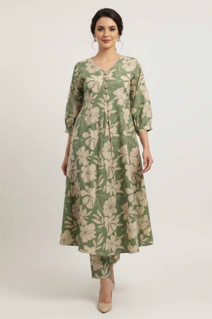 Floral Whisper Green Cotton Flex A-Line Cut Co-Ord Set