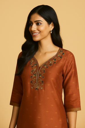 Elegant Brown Embroidered Shimmer Suit with Subtle Weaving and embroidered Details