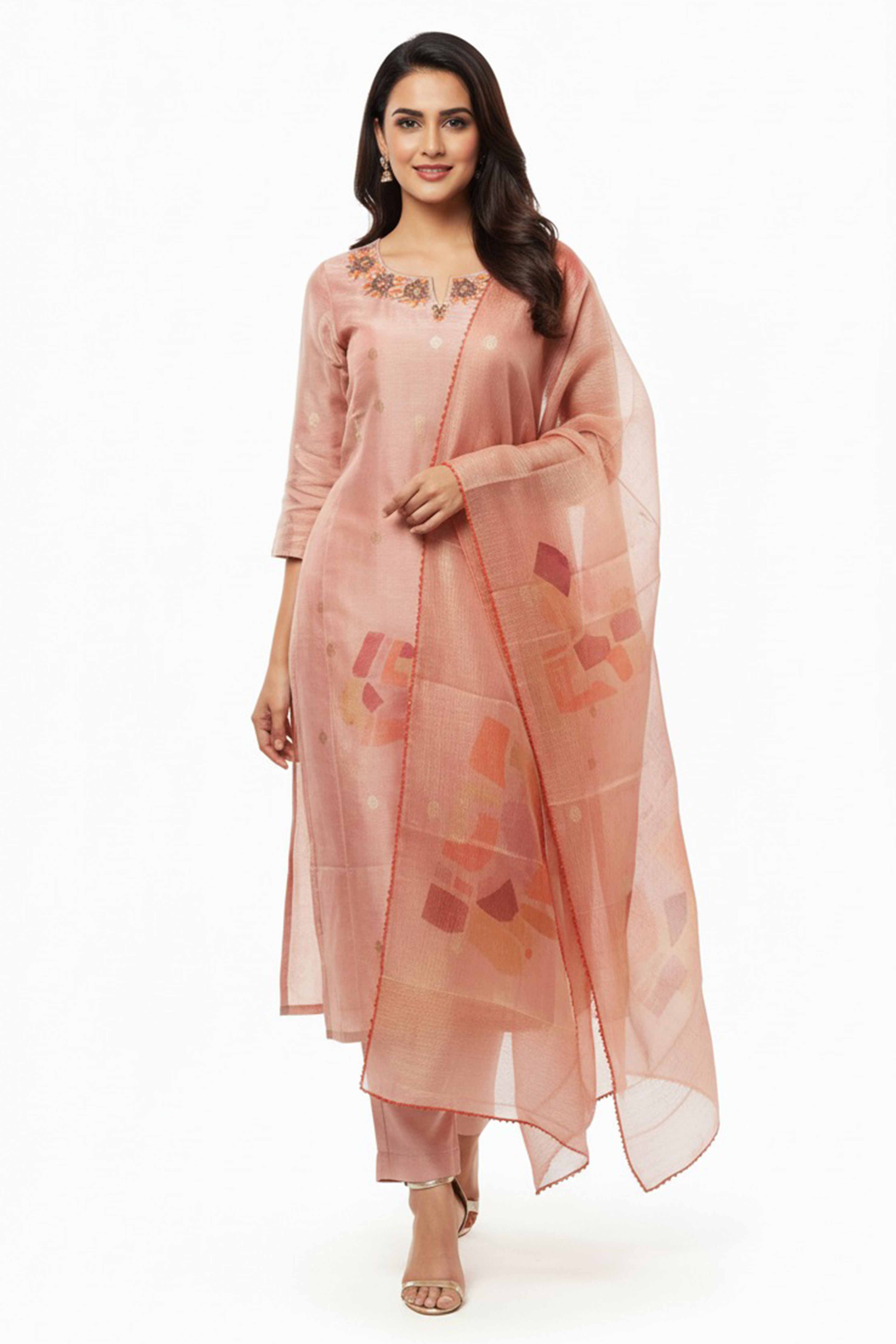 Peach Shimmer Straight Salwar Suit Featuring Intricate Floral Embroidery on the Neckline