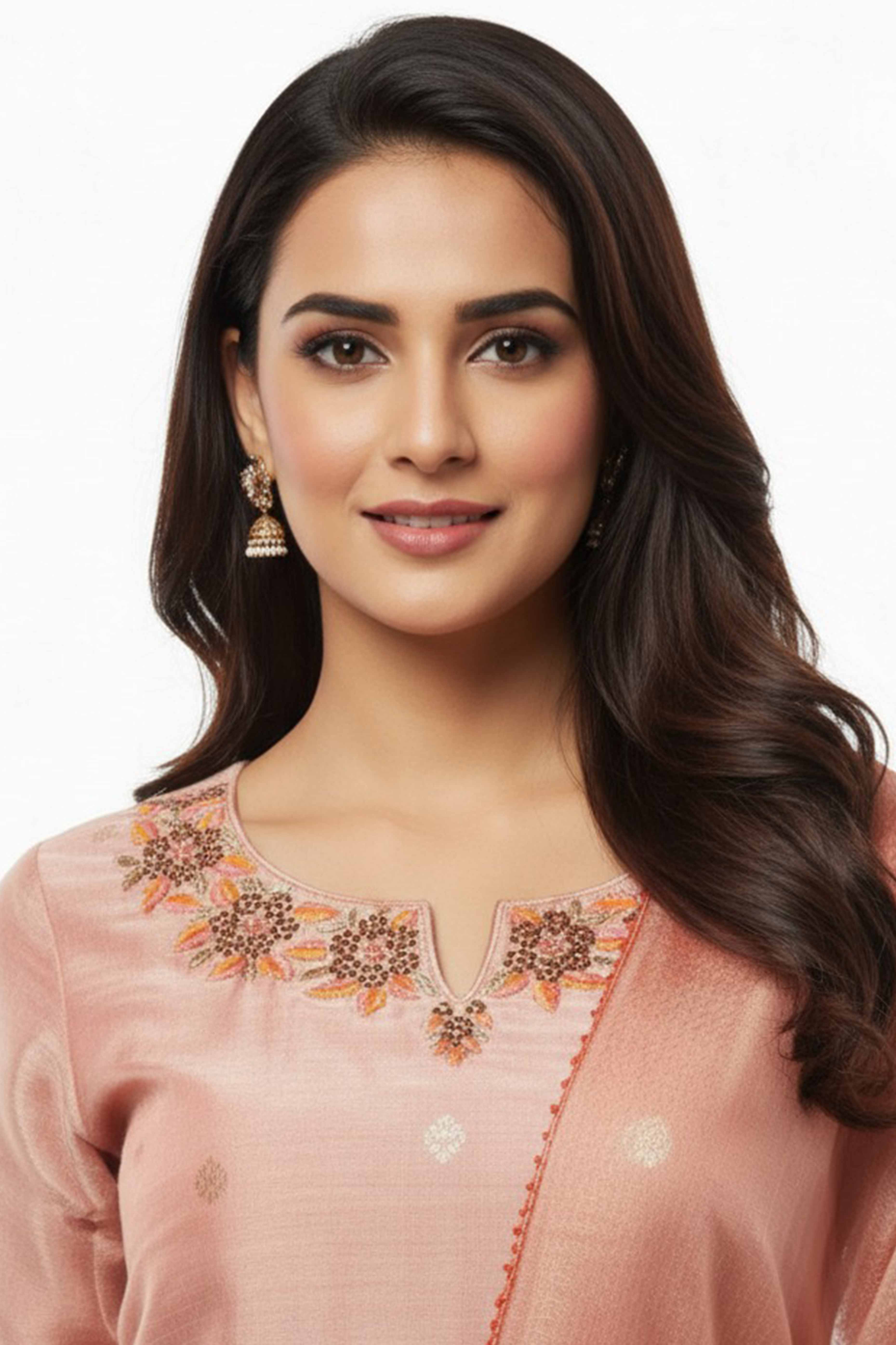 Peach Shimmer Straight Salwar Suit Featuring Intricate Floral Embroidery on the Neckline