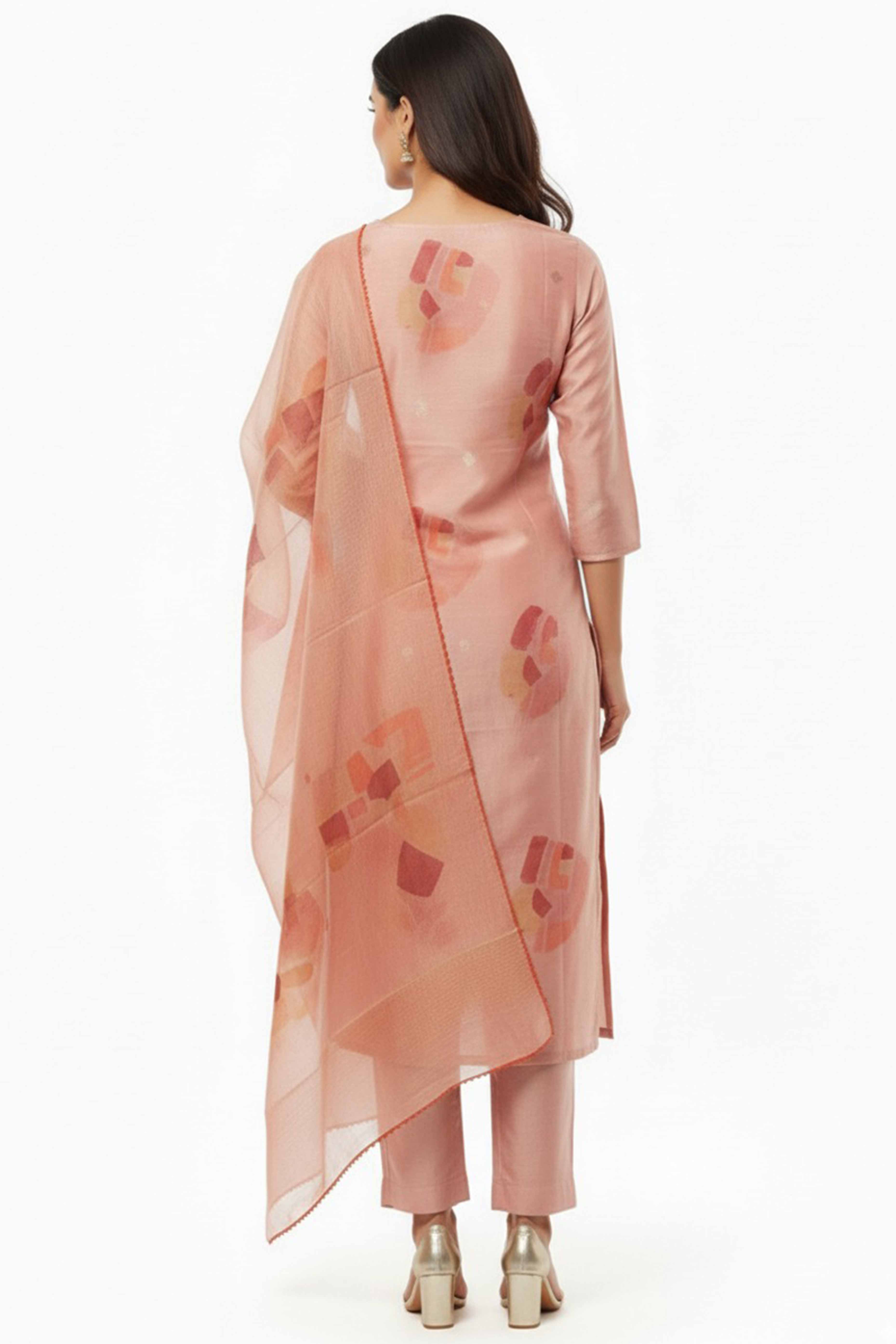 Peach Shimmer Straight Salwar Suit Featuring Intricate Floral Embroidery on the Neckline