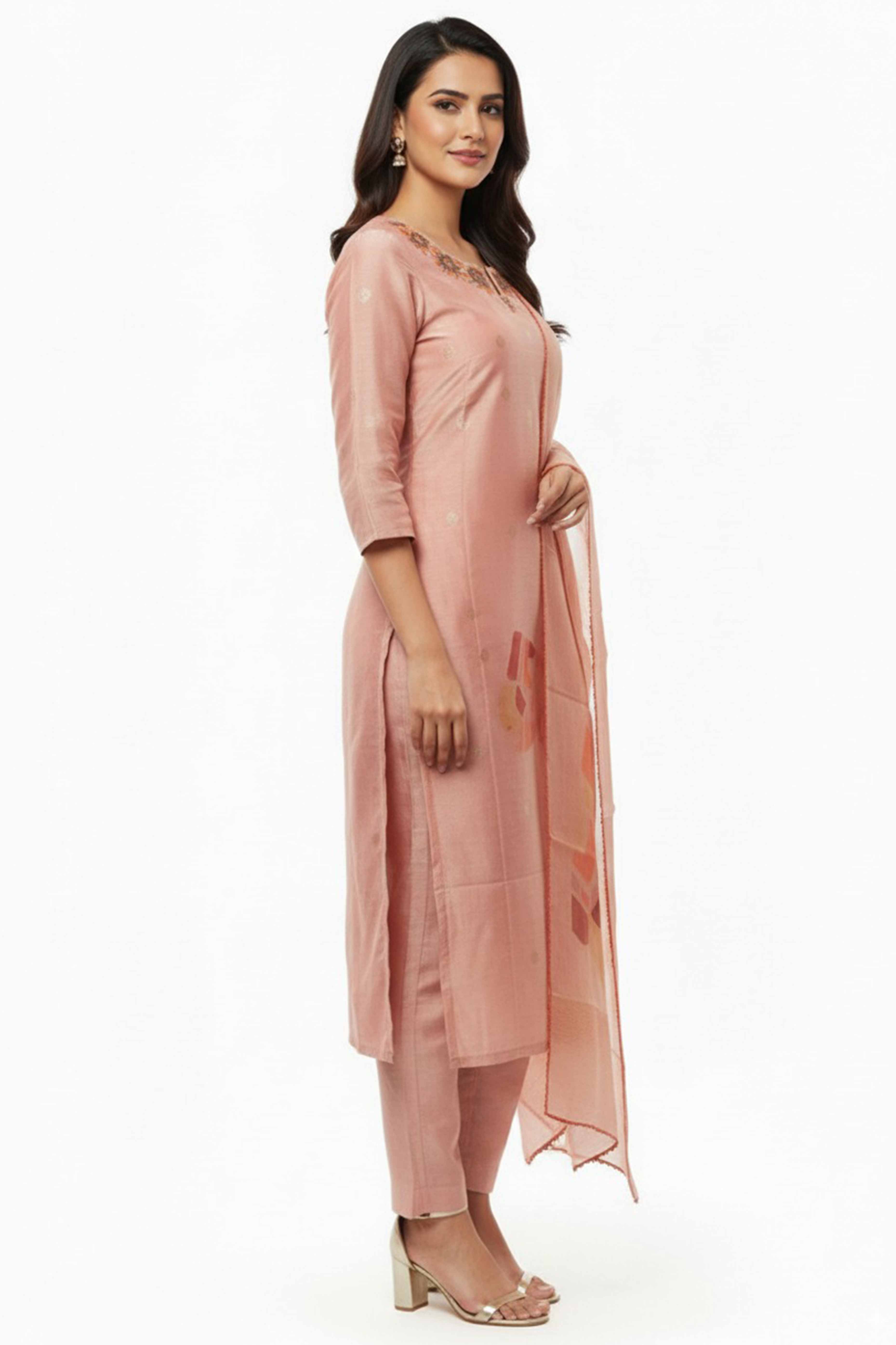 Peach Shimmer Straight Salwar Suit Featuring Intricate Floral Embroidery on the Neckline