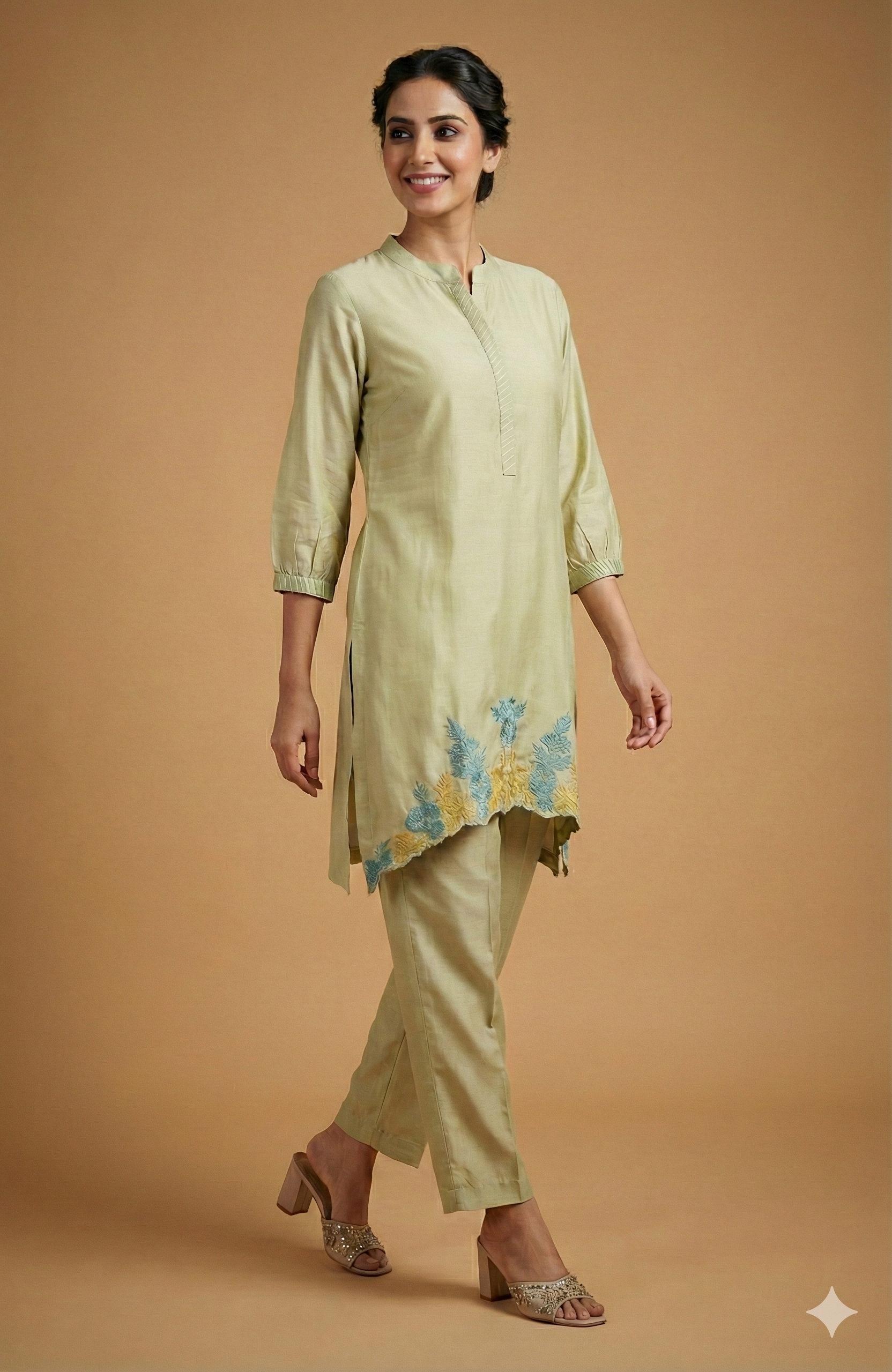 Green Floral Embroidered Chanderi Silk A-Line Top and Bottom Set for Sophisticated Ethnic Styling