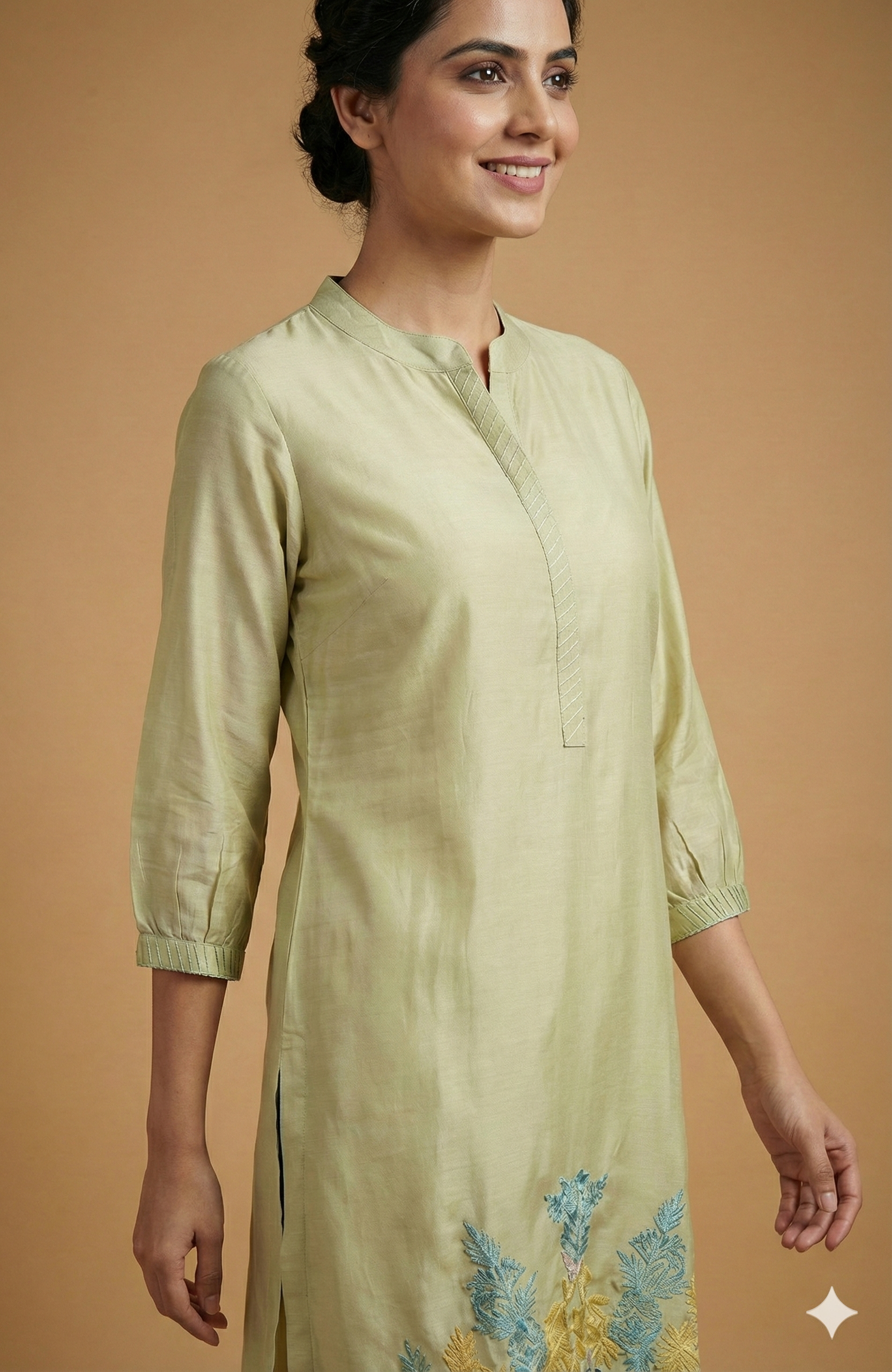 Green Floral Embroidered Chanderi Silk A-Line Top and Bottom Set for Sophisticated Ethnic Styling