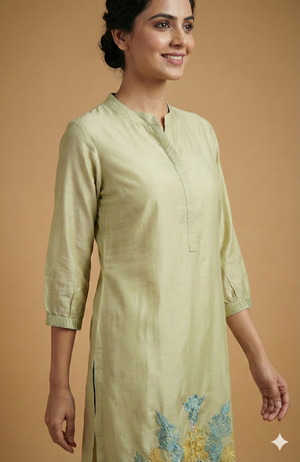 Green Floral Embroidered Chanderi Silk A-Line Top and Bottom Set for Sophisticated Ethnic Styling