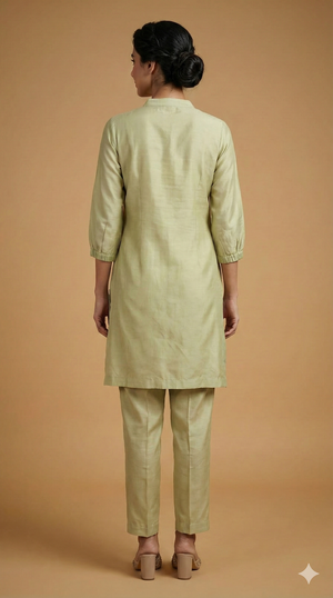 Green Floral Embroidered Chanderi Silk A-Line Top and Bottom Set for Sophisticated Ethnic Styling