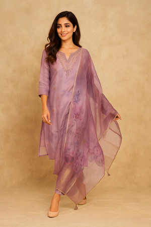 Lavender Floral Embroidered Salwar Suit Adorned With Delicate Beads Work On Shimmer