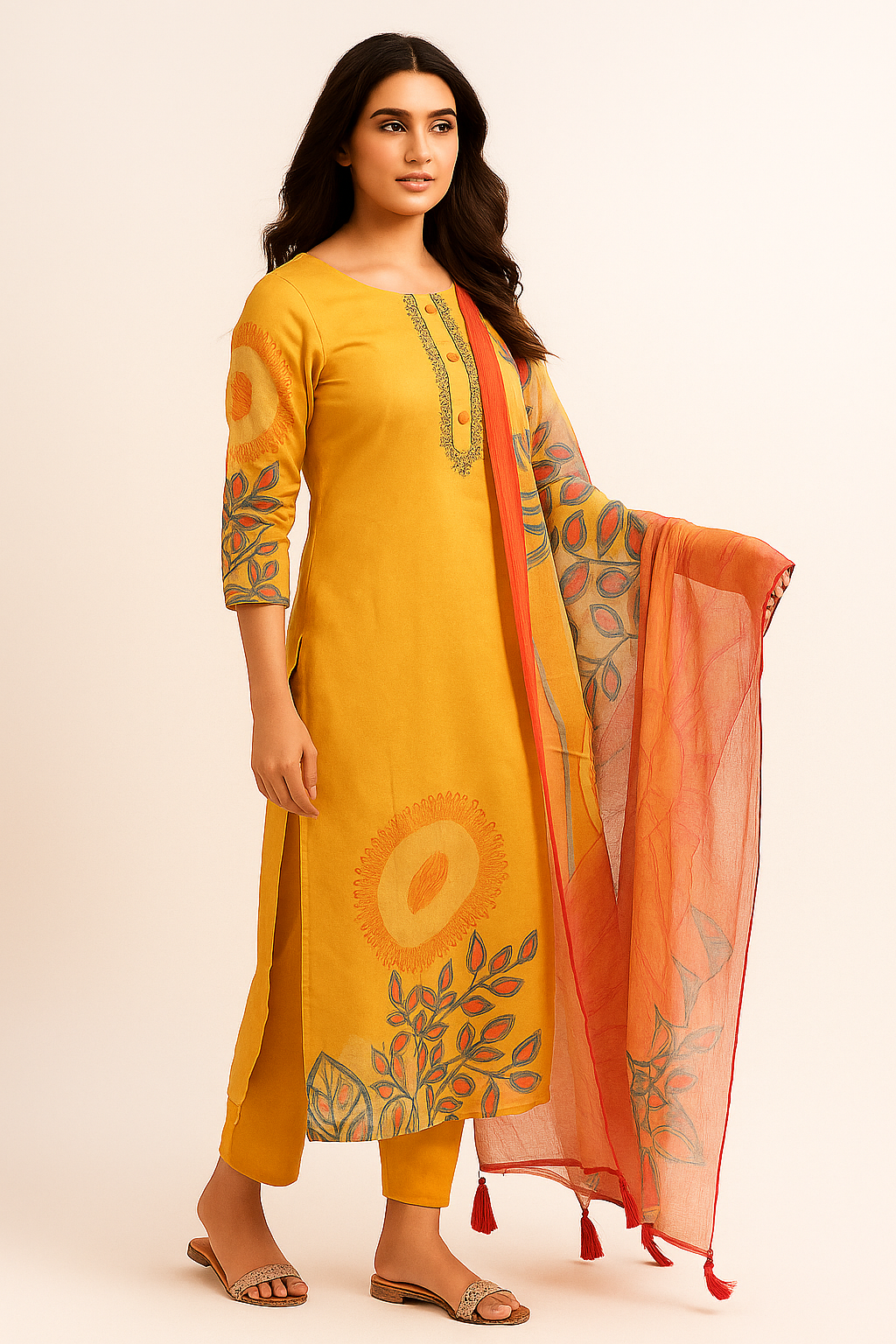 Yellow Floral Printed Pure Cotton Straight Cut Suit Accentuated With Graceful Mirror & Beads Work