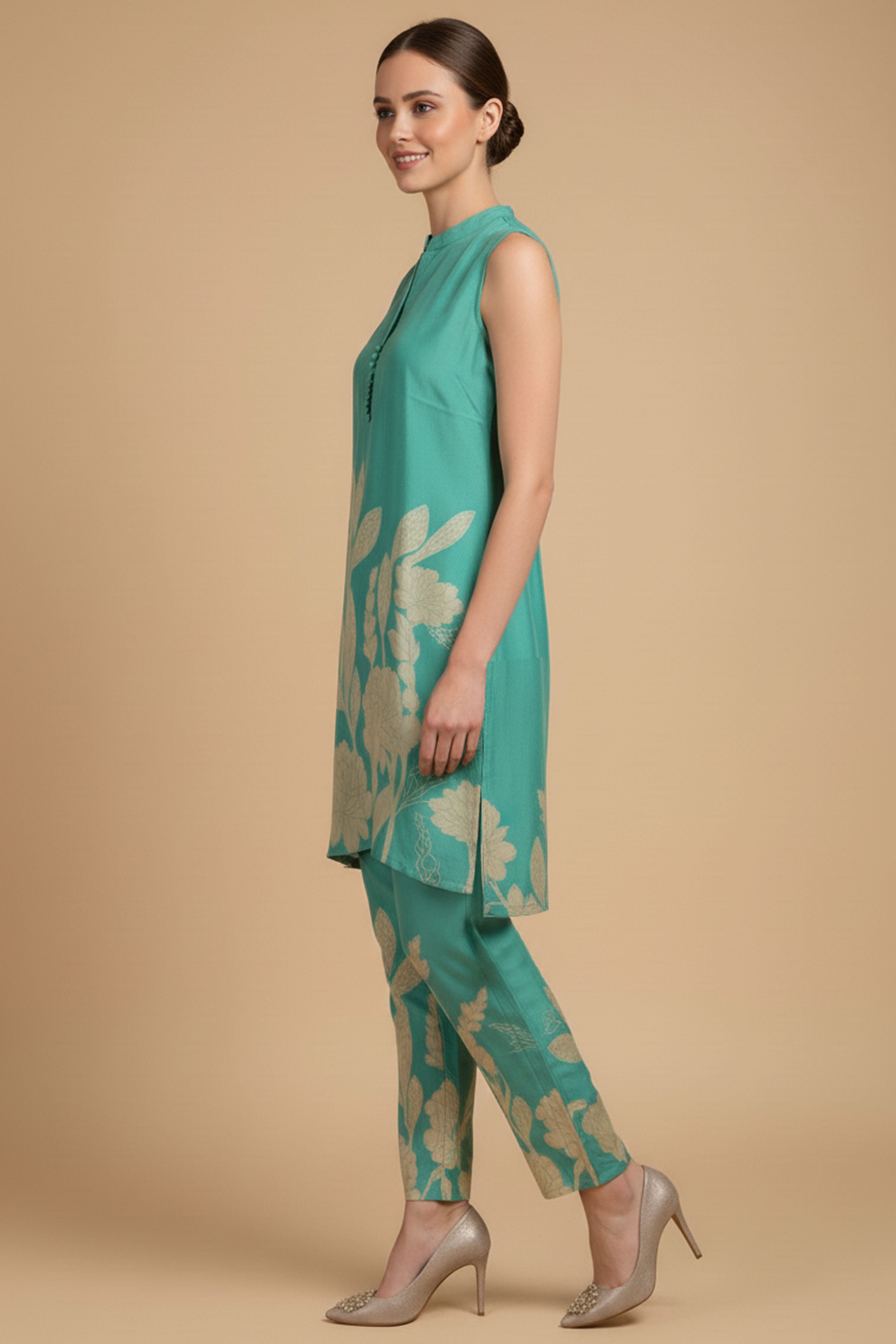 Sea Green Muslin Sleeveless Co-Ord Set Adorned With Whimsical Floral Prints