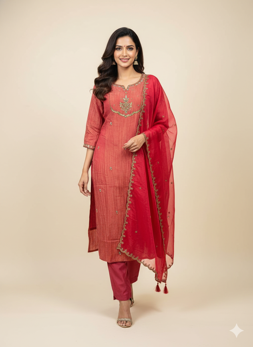 Rust Pure Viscose Silk Suit with Detailed Thread Work Embellishments