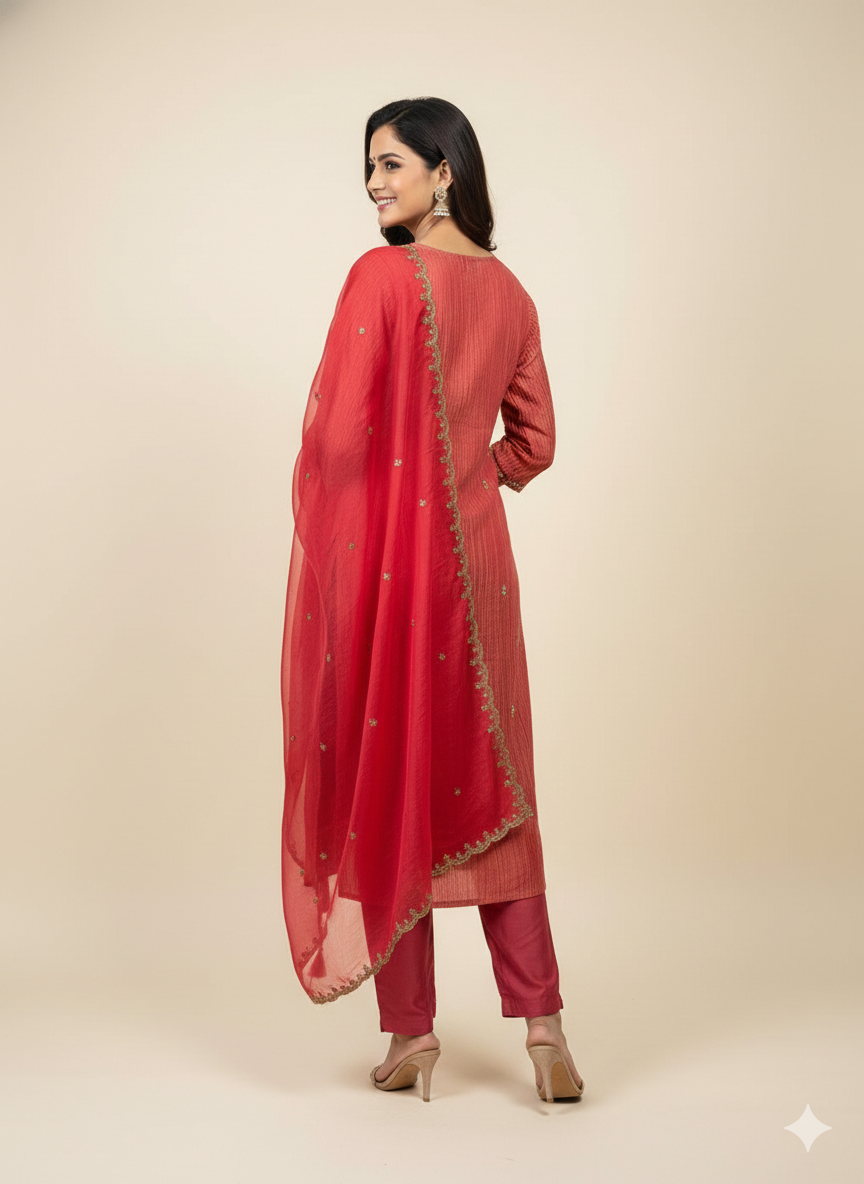 Rust Pure Viscose Silk Suit with Detailed Thread Work Embellishments