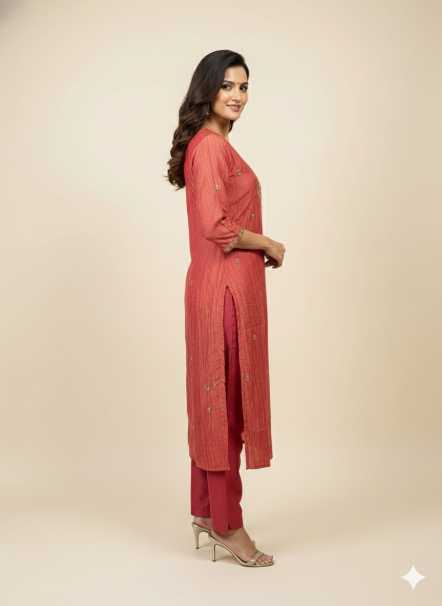 Rust Pure Viscose Silk Suit with Detailed Thread Work Embellishments