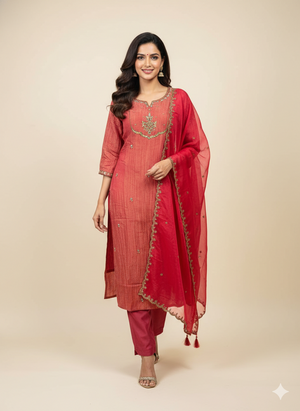 Rust Pure Viscose Silk Suit with Detailed Thread Work Embellishments