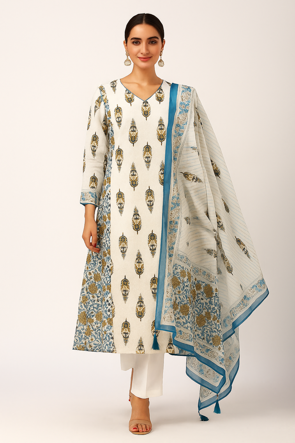 White Floral Print Pure Cotton Salwar Suit with Subtle Hand Embroidery Accents