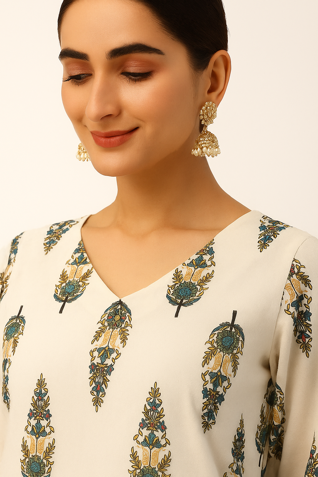 White Floral Print Pure Cotton Salwar Suit with Subtle Hand Embroidery Accents