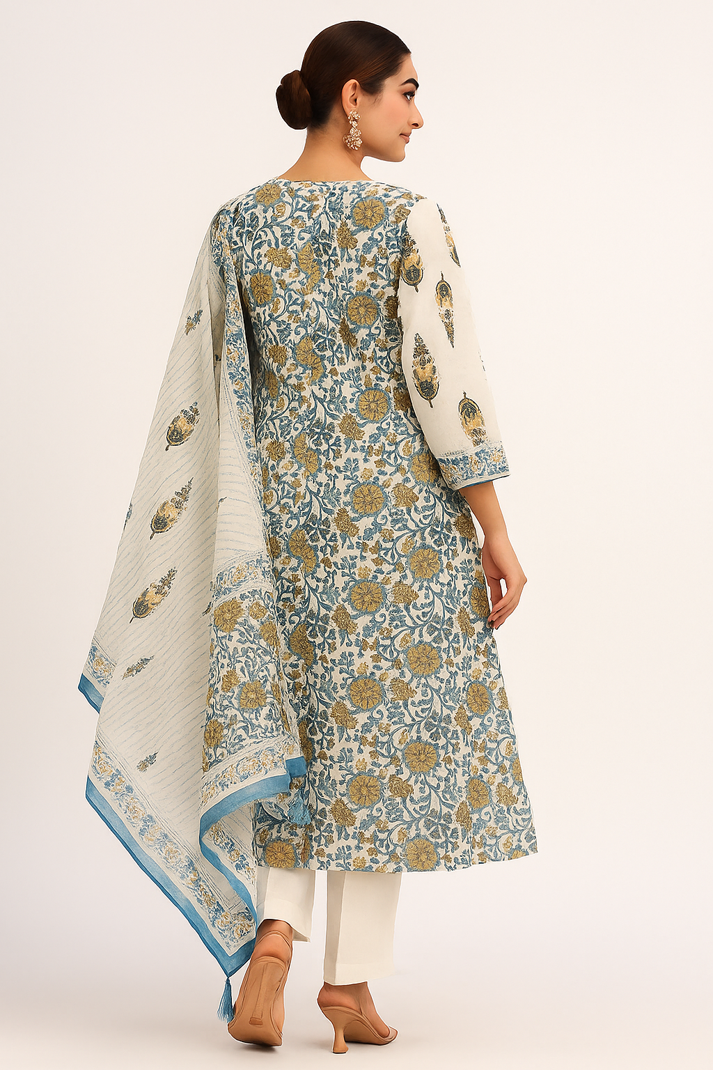 White Floral Print Pure Cotton Salwar Suit with Subtle Hand Embroidery Accents