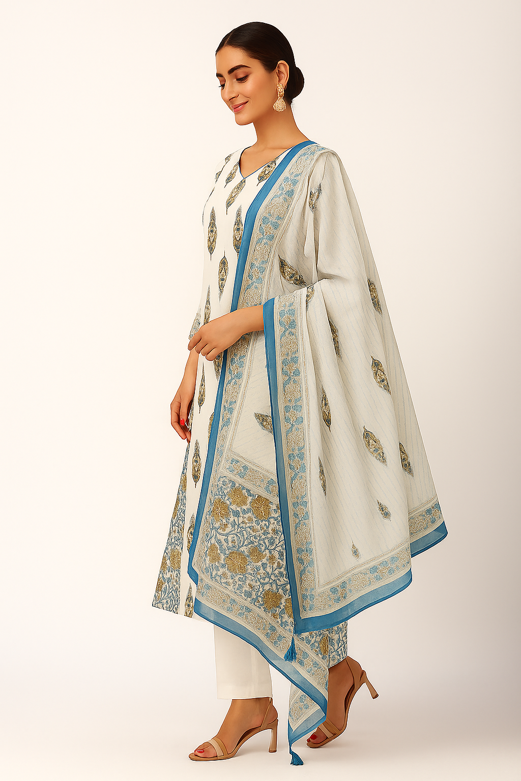 White Floral Print Pure Cotton Salwar Suit with Subtle Hand Embroidery Accents
