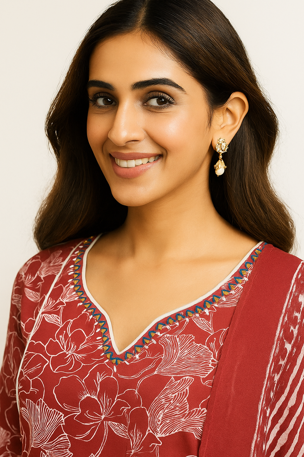 Red A-Line Salwar Suit Crafted in Pure Cotton with Floral Motifs