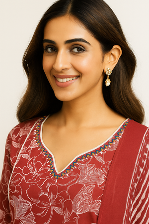 Red A-Line Salwar Suit Crafted in Pure Cotton with Floral Motifs