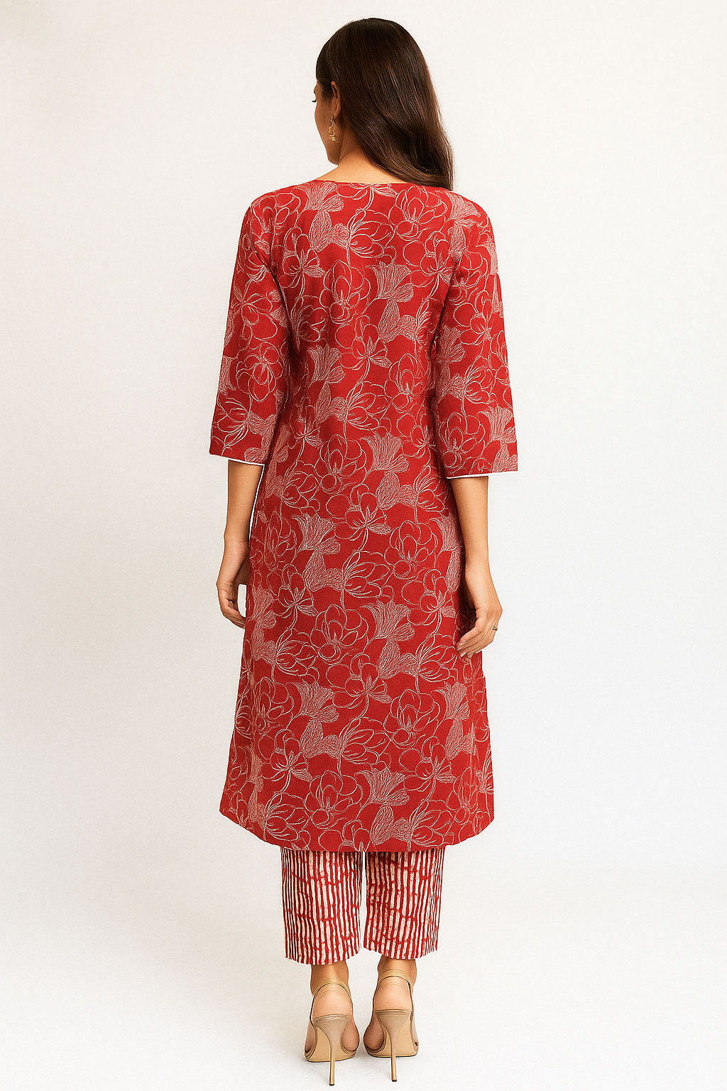Red A-Line Salwar Suit Crafted in Pure Cotton with Floral Motifs